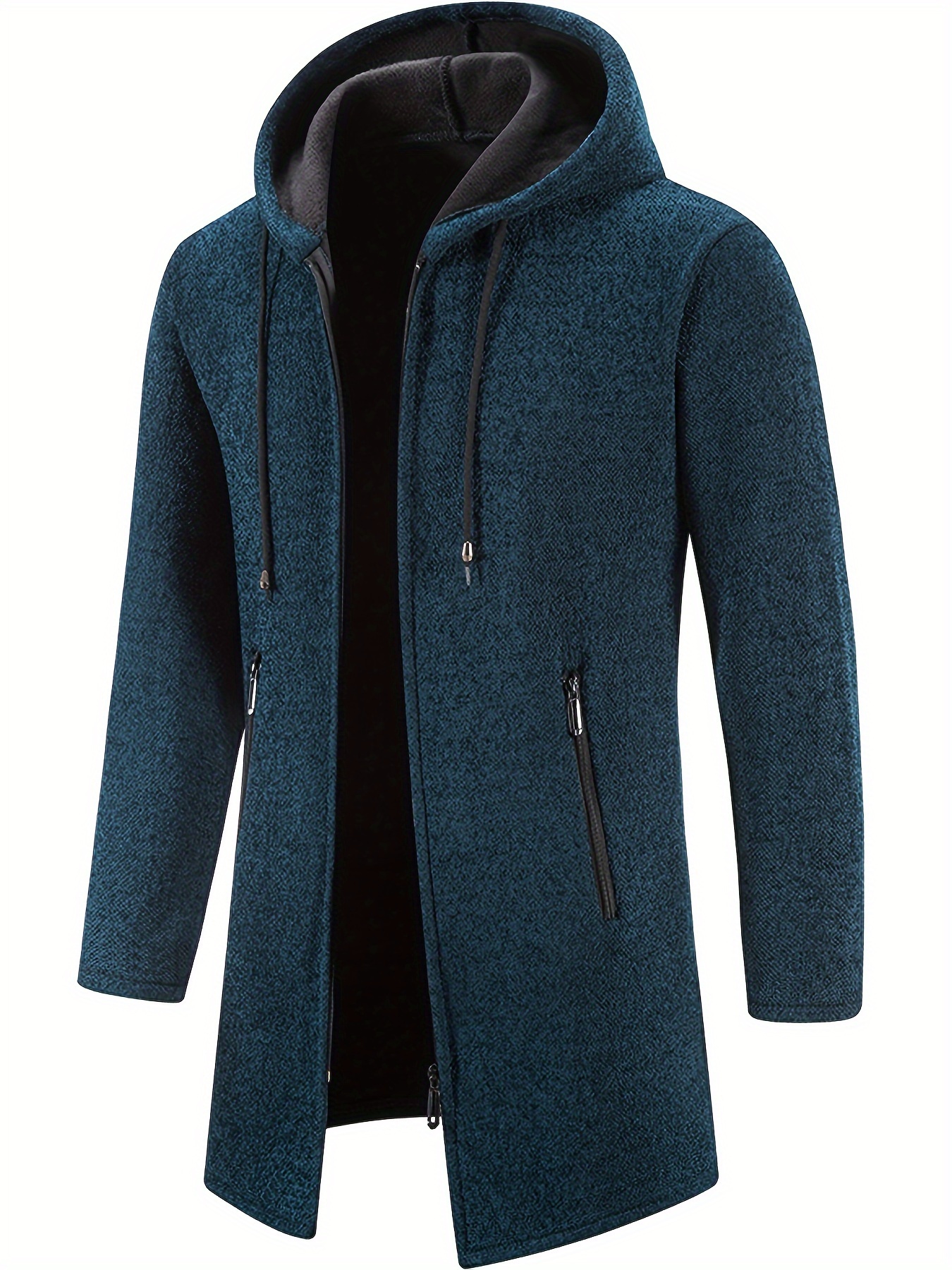 warm mid length hooded fleece coat mens comfortable solid color zip up knitted cardigan for spring fall details 10