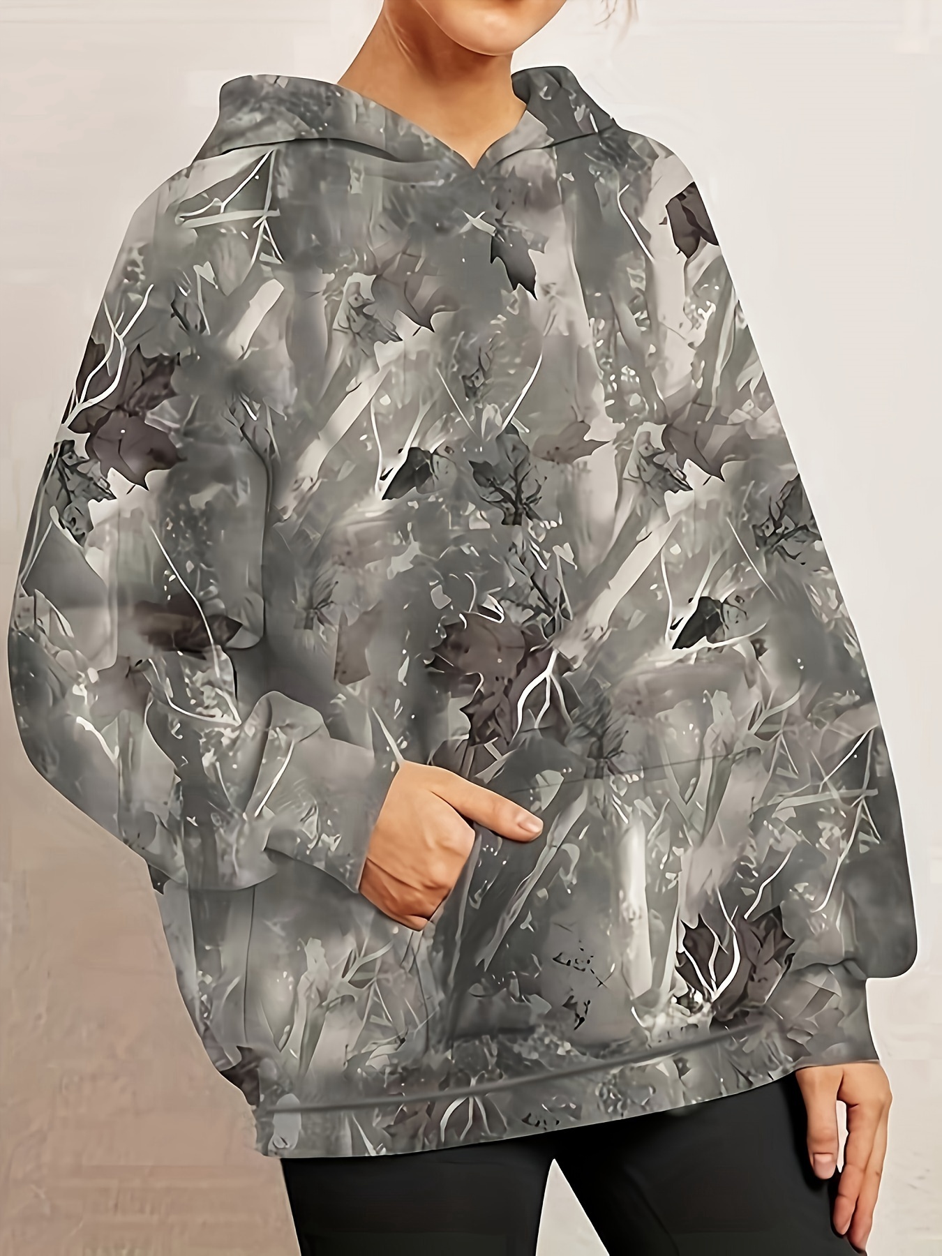 maple leaf print pullover hoodie casual long sleeve kangaroo pocket hoodie sweatshirt womens clothing details 2