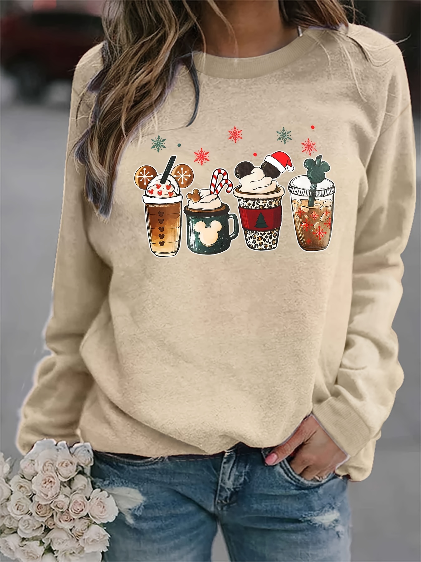 christmas coffee print sweatshirt casual long sleeve crew neck sweatshirt womens clothing details 10