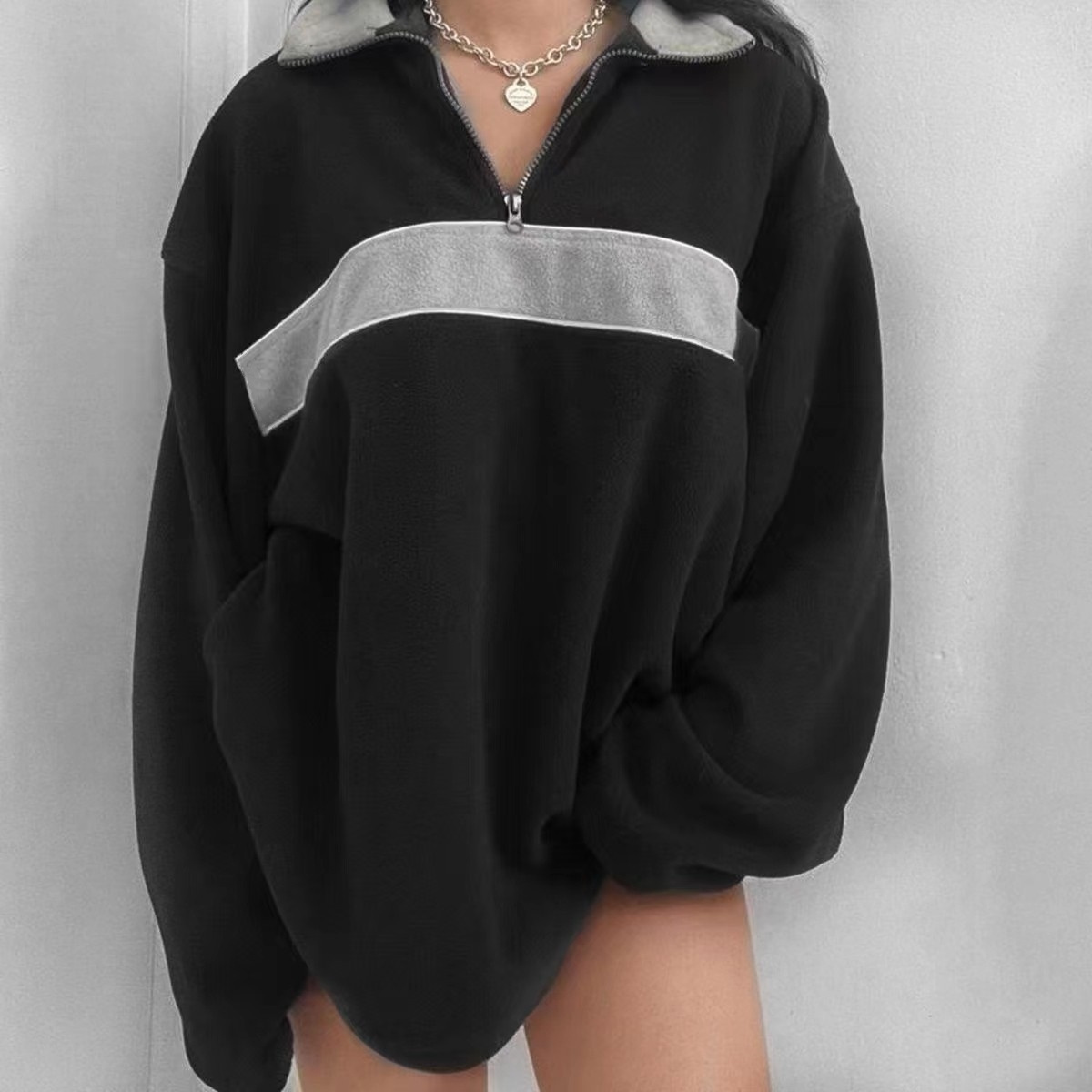 retro lapel thermal pullover casual striped colorblock fashion loose long sleeve sweatshirt womens clothing details 4