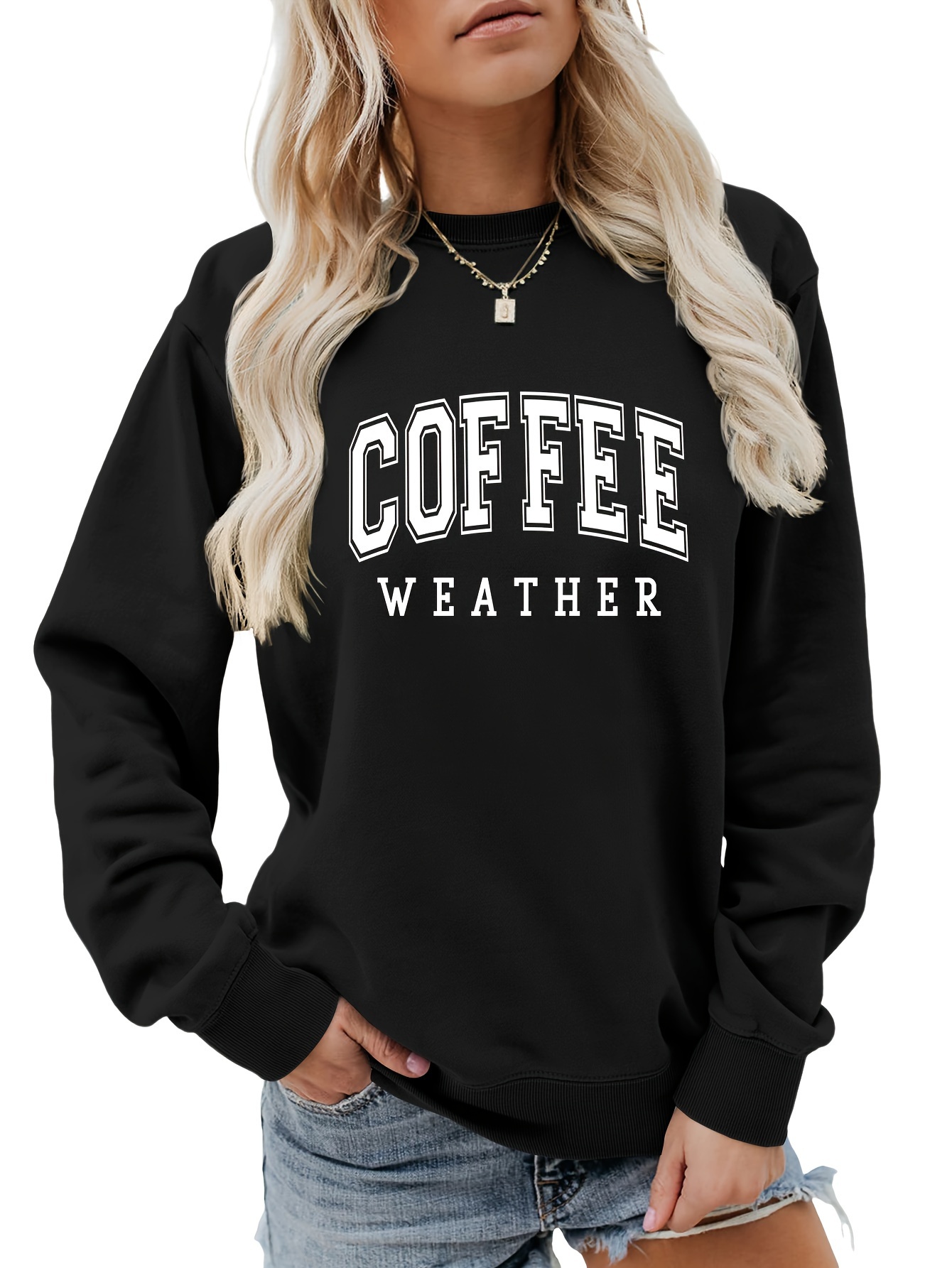 coffee letter print loose sweatshirt casual long sleeve crew neck sweatshirt womens clothing details 40