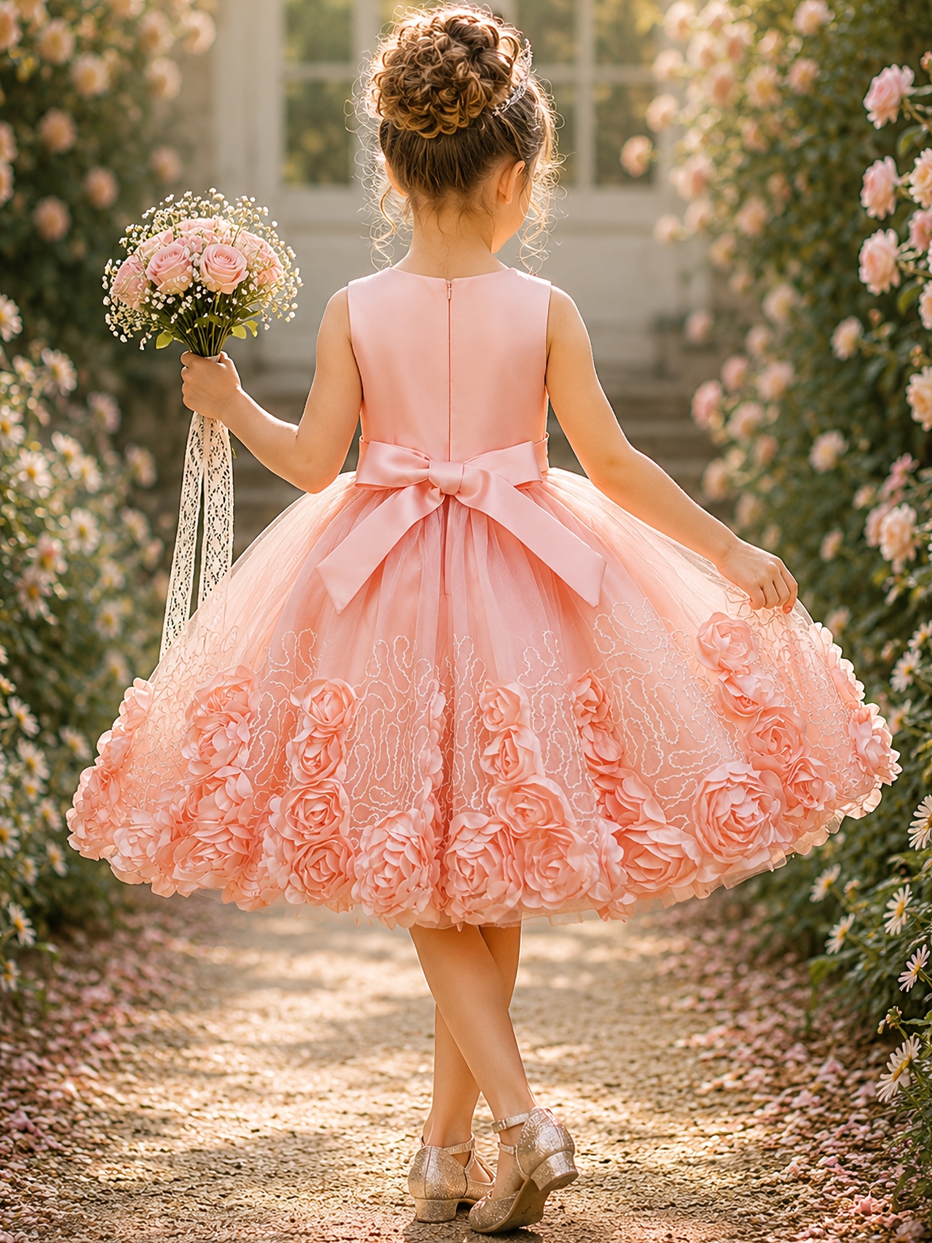 Girls' Dress Waistband Golden Sequined Skirt Bloom Circle Round Neck Vest Evening Attire Performance Flower Girl Dress