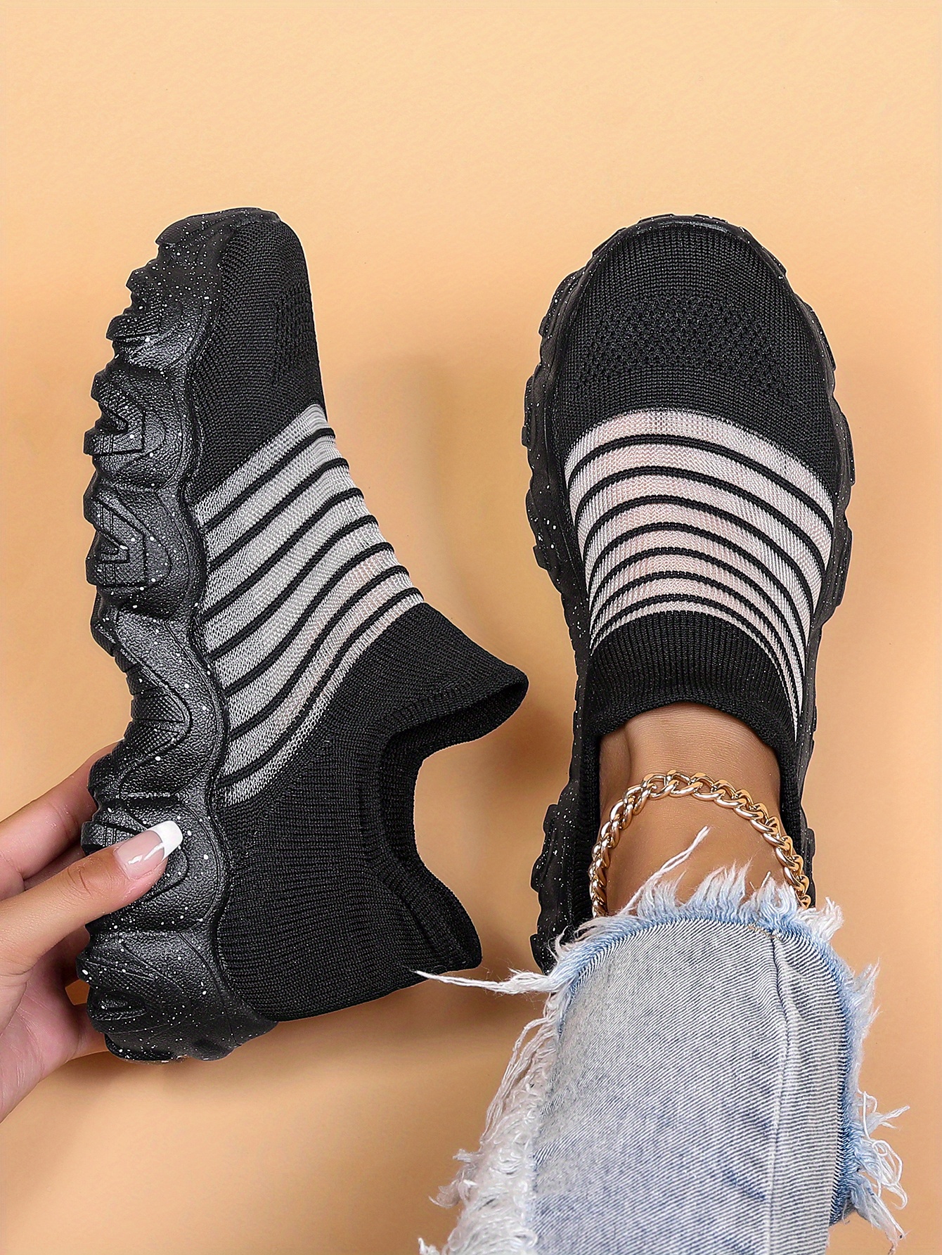 womens mesh panel sock sneakers slip on low top round toe breathable flatform shoes outdoor comfy sporty shoes details 0