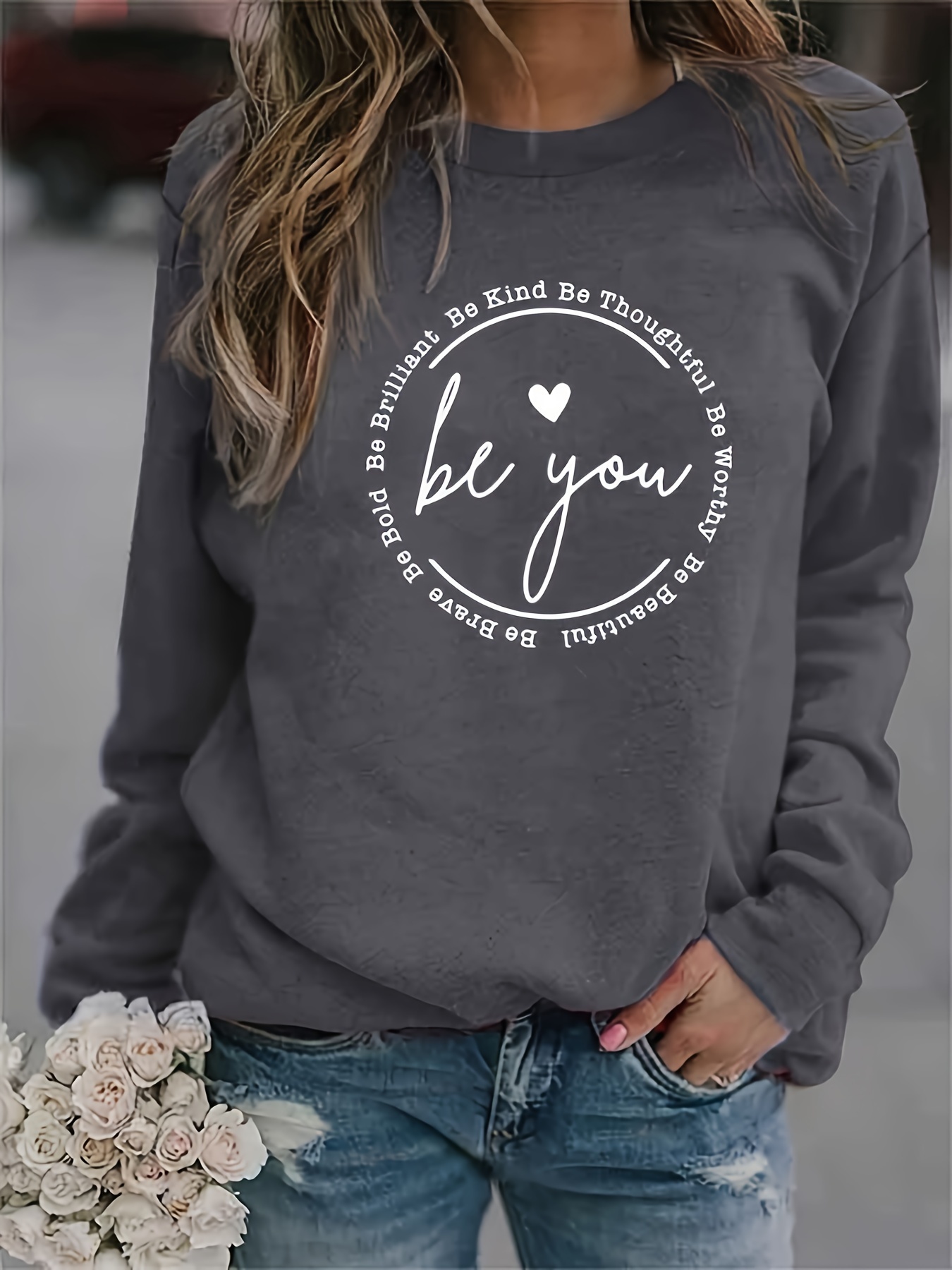 be you print sweatshirt casual long sleeve crew neck sweatshirt womens clothing details 20