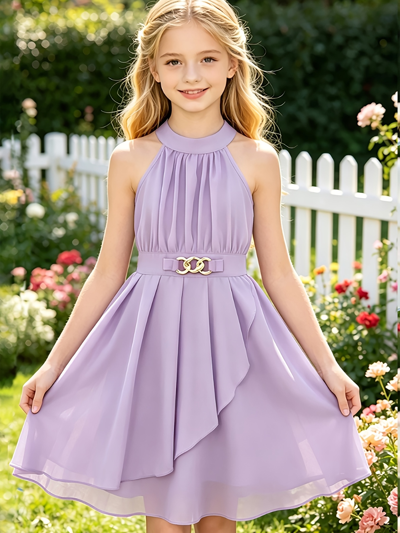 Elegant off-shoulder halter neck mid-length dress for girls with gold-tone decorative buttons at the waist. A stylish and elegant princess dress for spring/summer, suitable for occasions such as parties, performances, formal events, daily casual