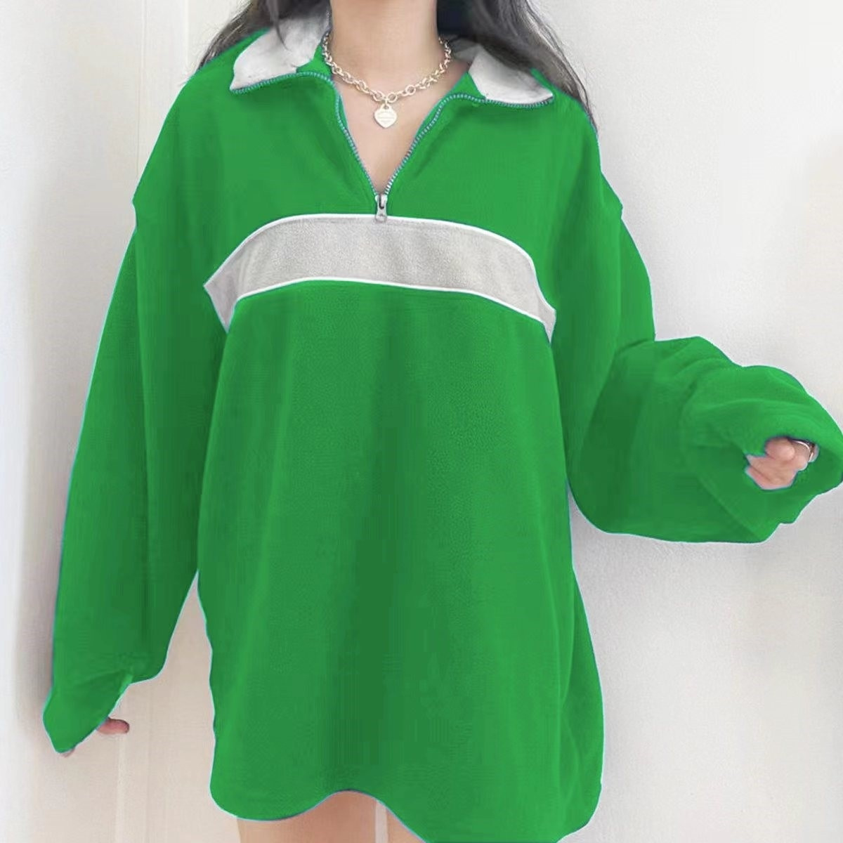 retro lapel thermal pullover casual striped colorblock fashion loose long sleeve sweatshirt womens clothing details 13