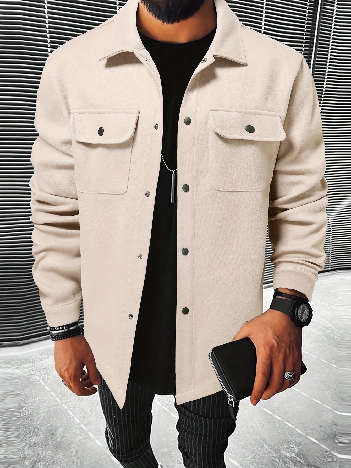 mens casual woolen flap pocket jacket chic button up mature coat for fall winter details 15