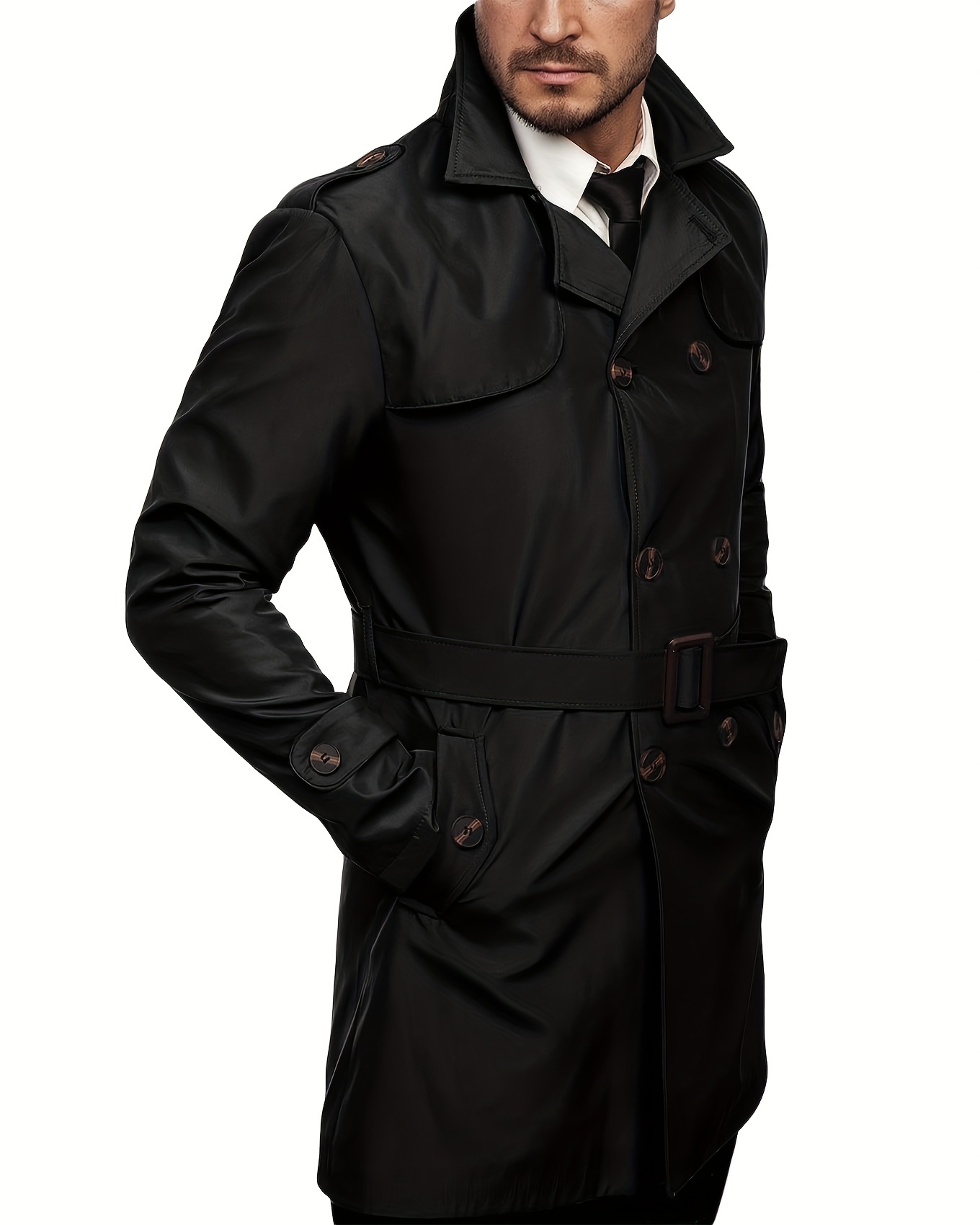 windproof outwear, mens trendy double breasted coat full length winter stylish lapel open front overcoat for men windproof outwear with pocket details 2