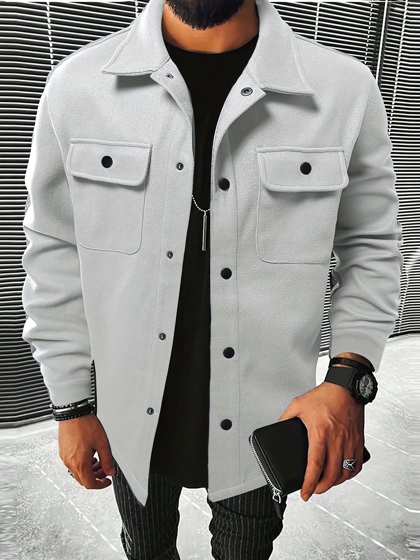 mens casual woolen flap pocket jacket chic button up mature coat for fall winter details 5