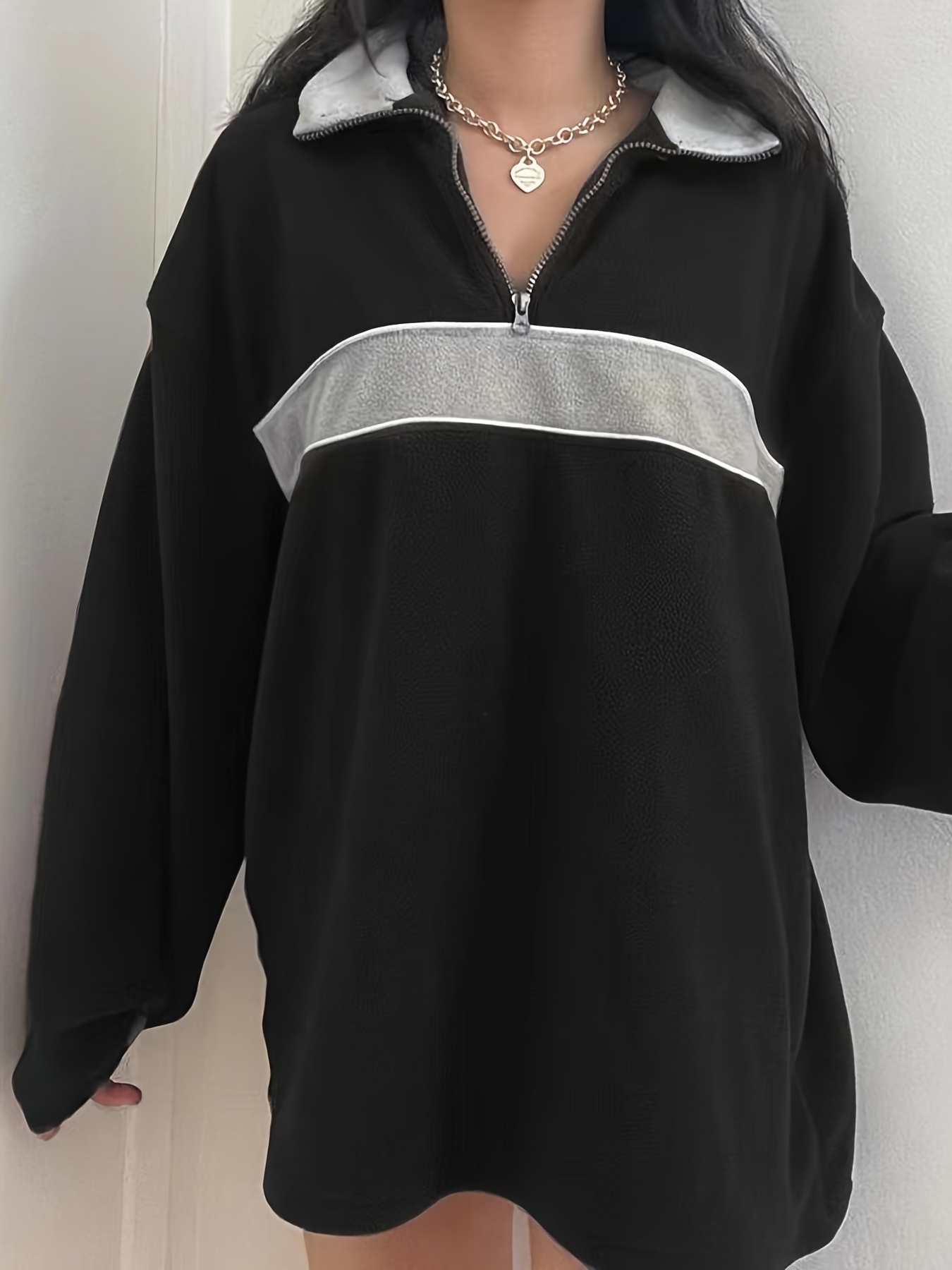 Retro Lapel Thermal Pullover, Casual Striped Colorblock Fashion Loose Long Sleeve Sweatshirt, Women's Clothing