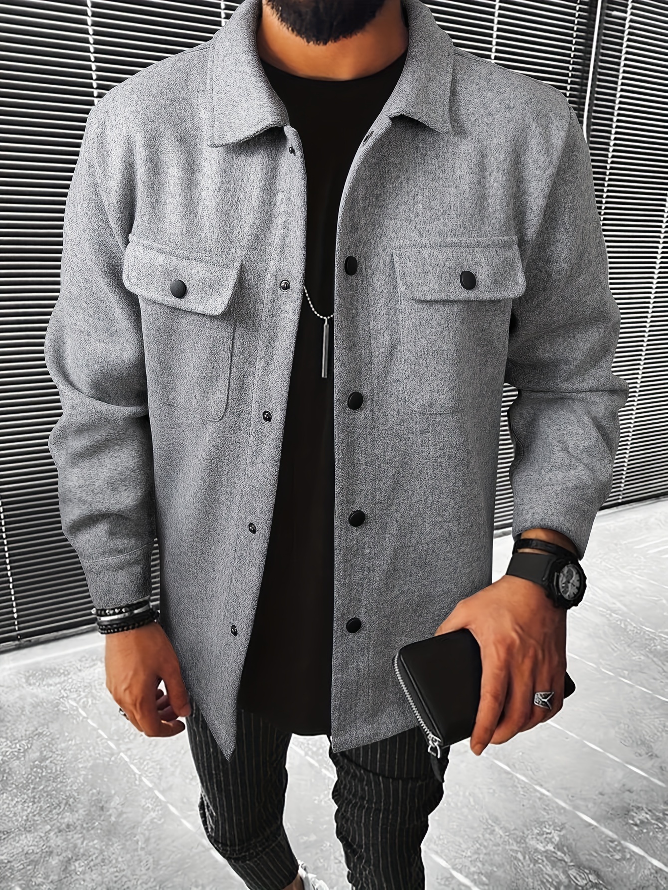 mens casual woolen flap pocket jacket chic button up mature coat for fall winter details 0