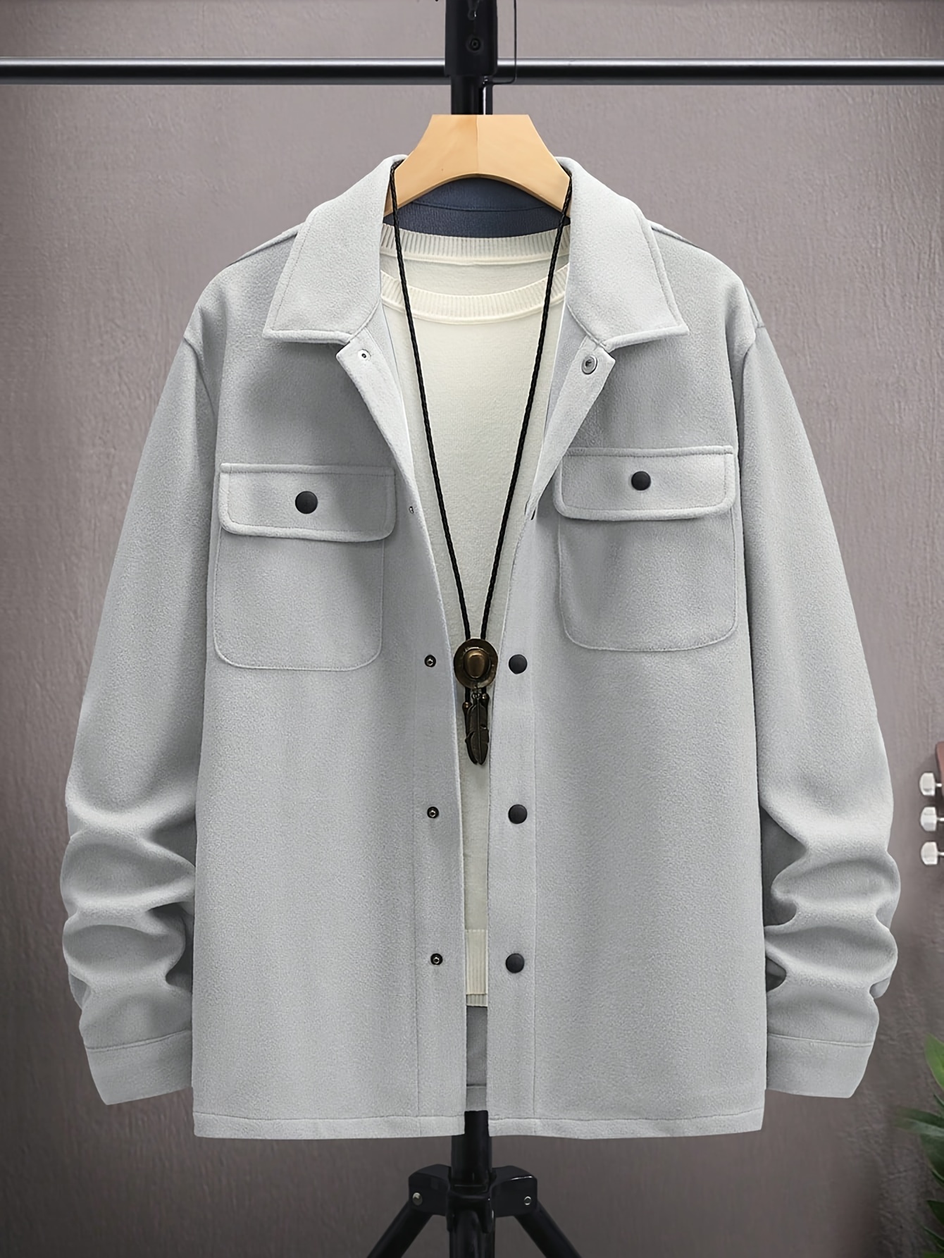 mens casual woolen flap pocket jacket chic button up mature coat for fall winter details 7