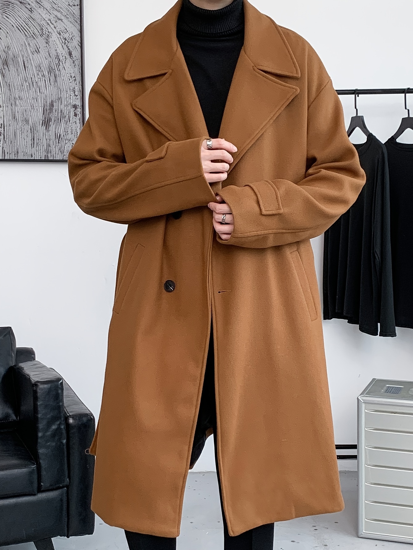 mens elegant single breasted trench coat casual lapel overcoat for fall winter details 5