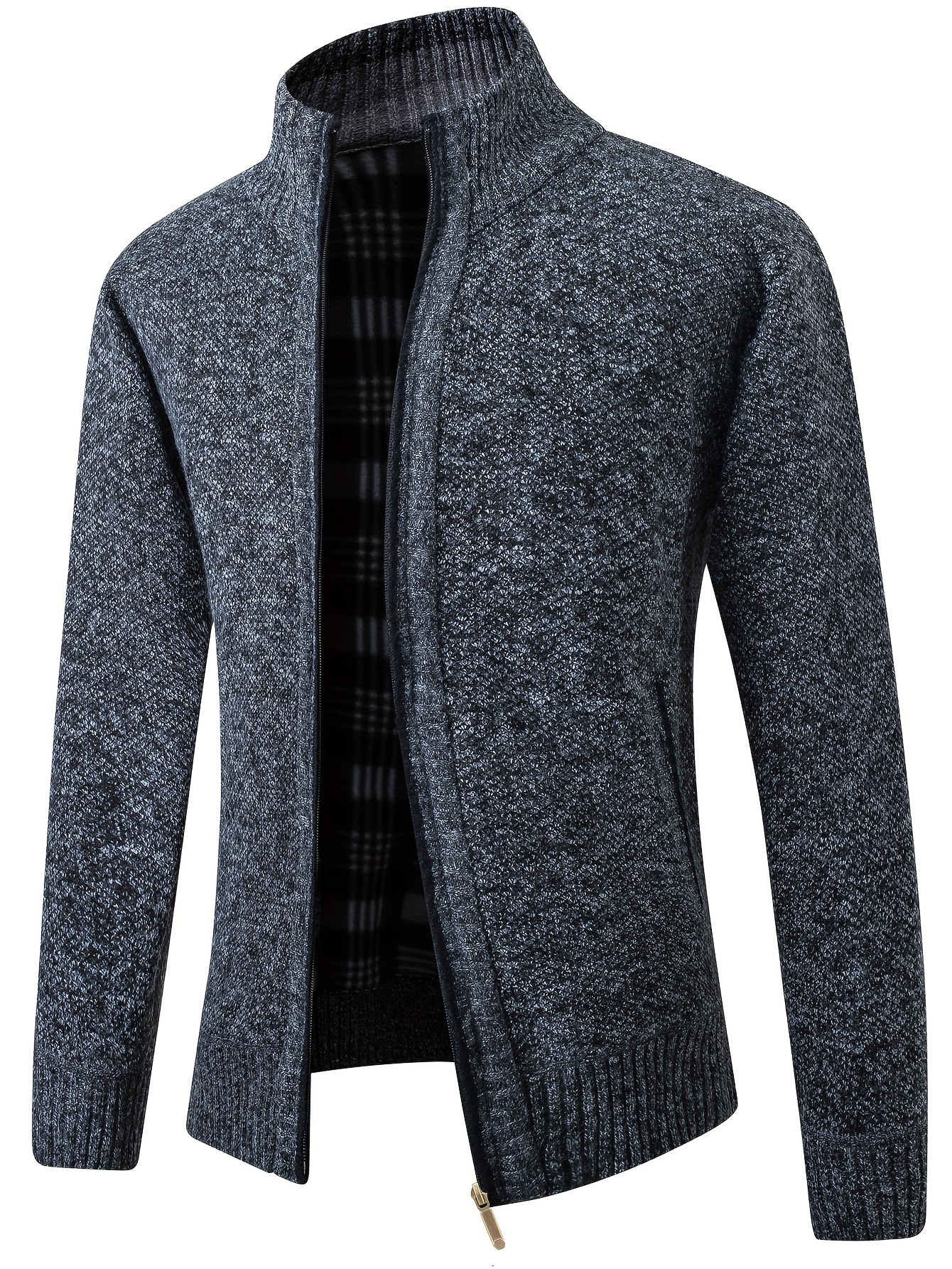 warm stand collar fleece jacket mens semi formal comfortable solid color zip up knitted cardigan for spring fall details 30