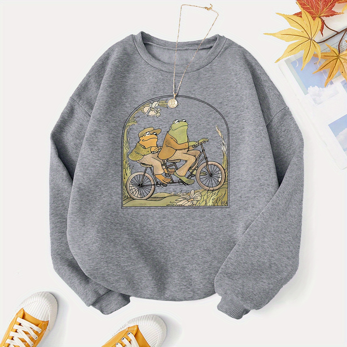 cartoon frog print sweatshirt casual long sleeve crew neck sweatshirt womens clothing details 0