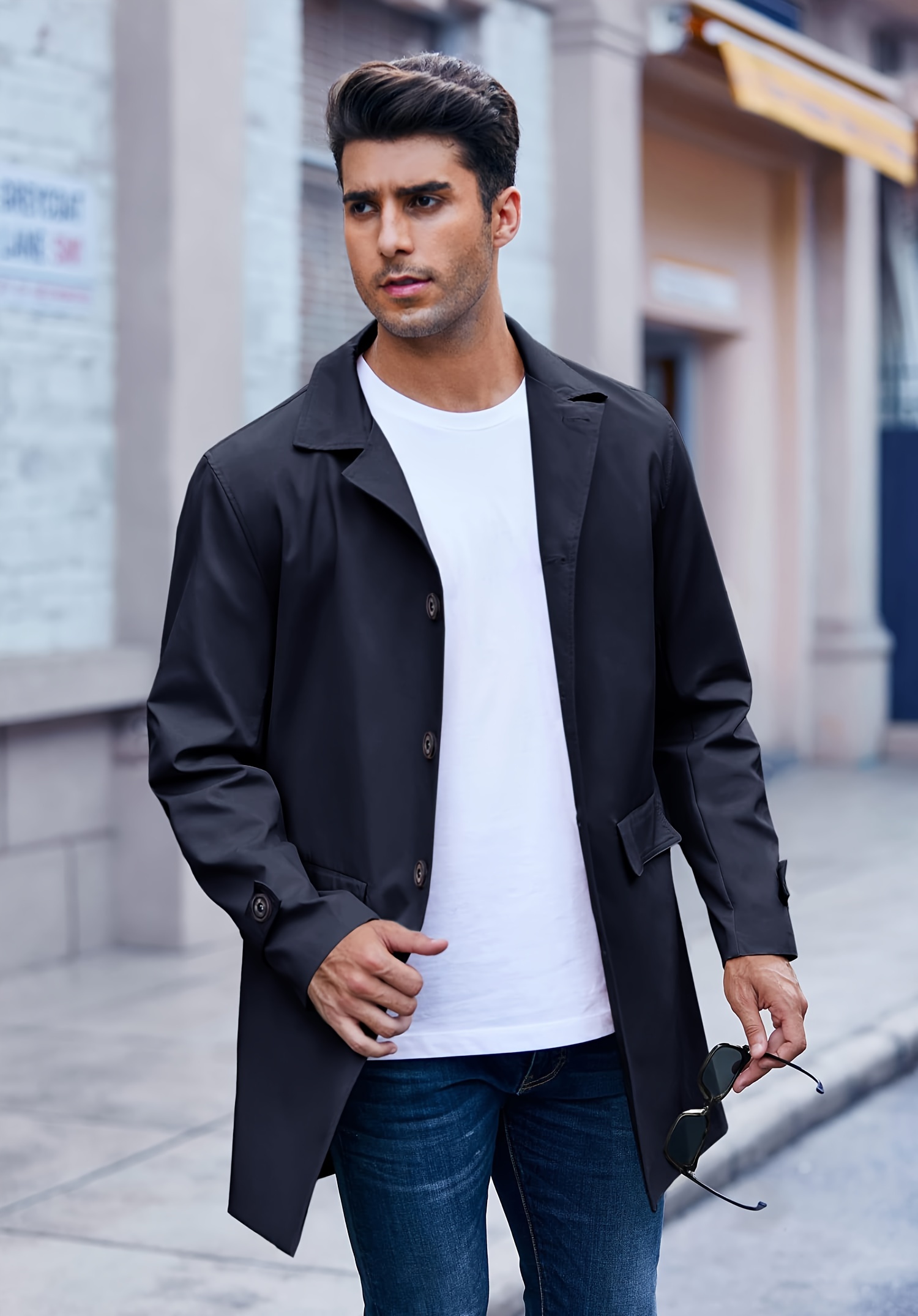 mens stylish solid windbreaker with pockets active slightly stretch breathable lapel button up long sleeve top for city walk street hanging details 0