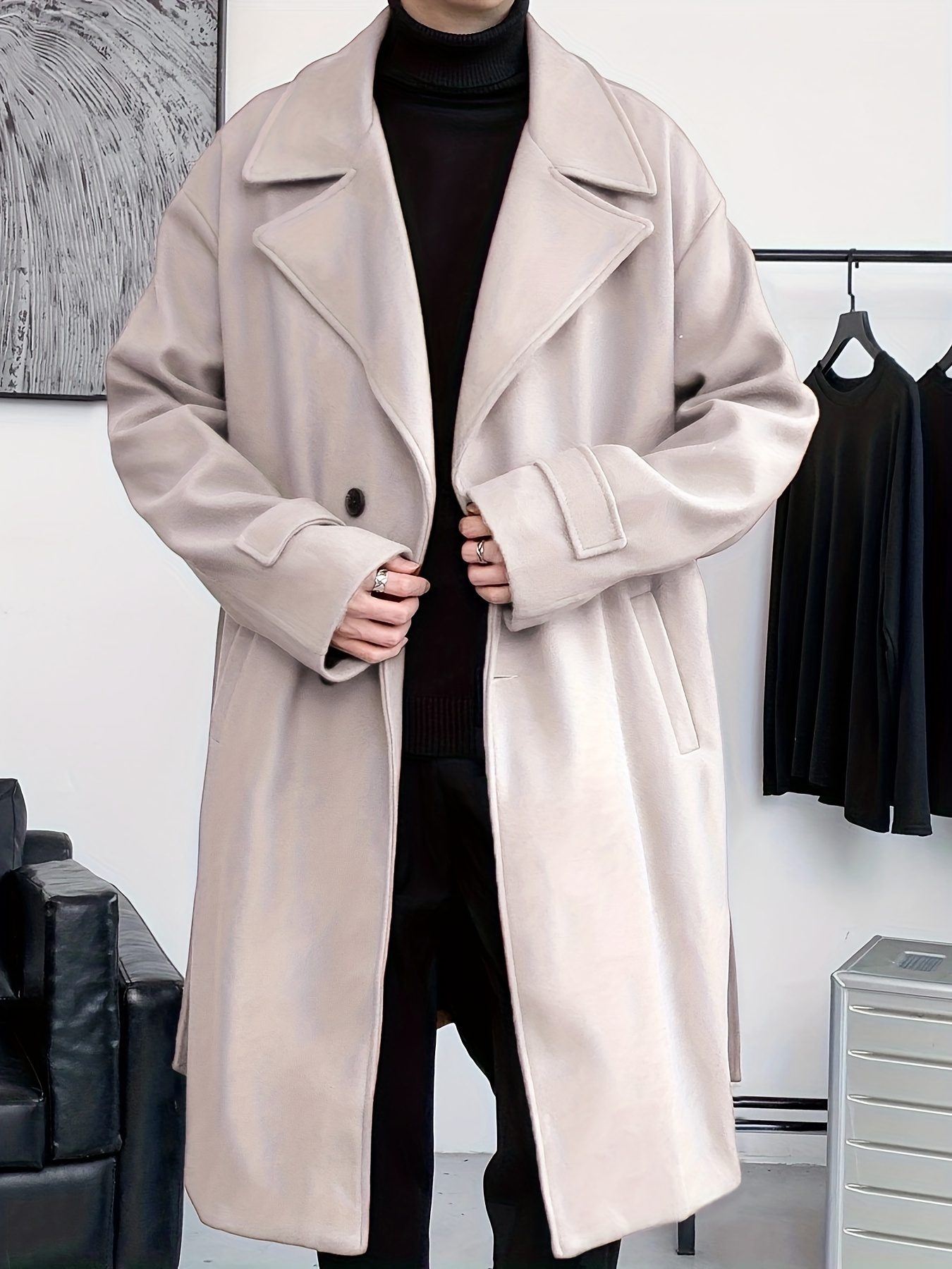 mens elegant single breasted trench coat casual lapel overcoat for fall winter details 7