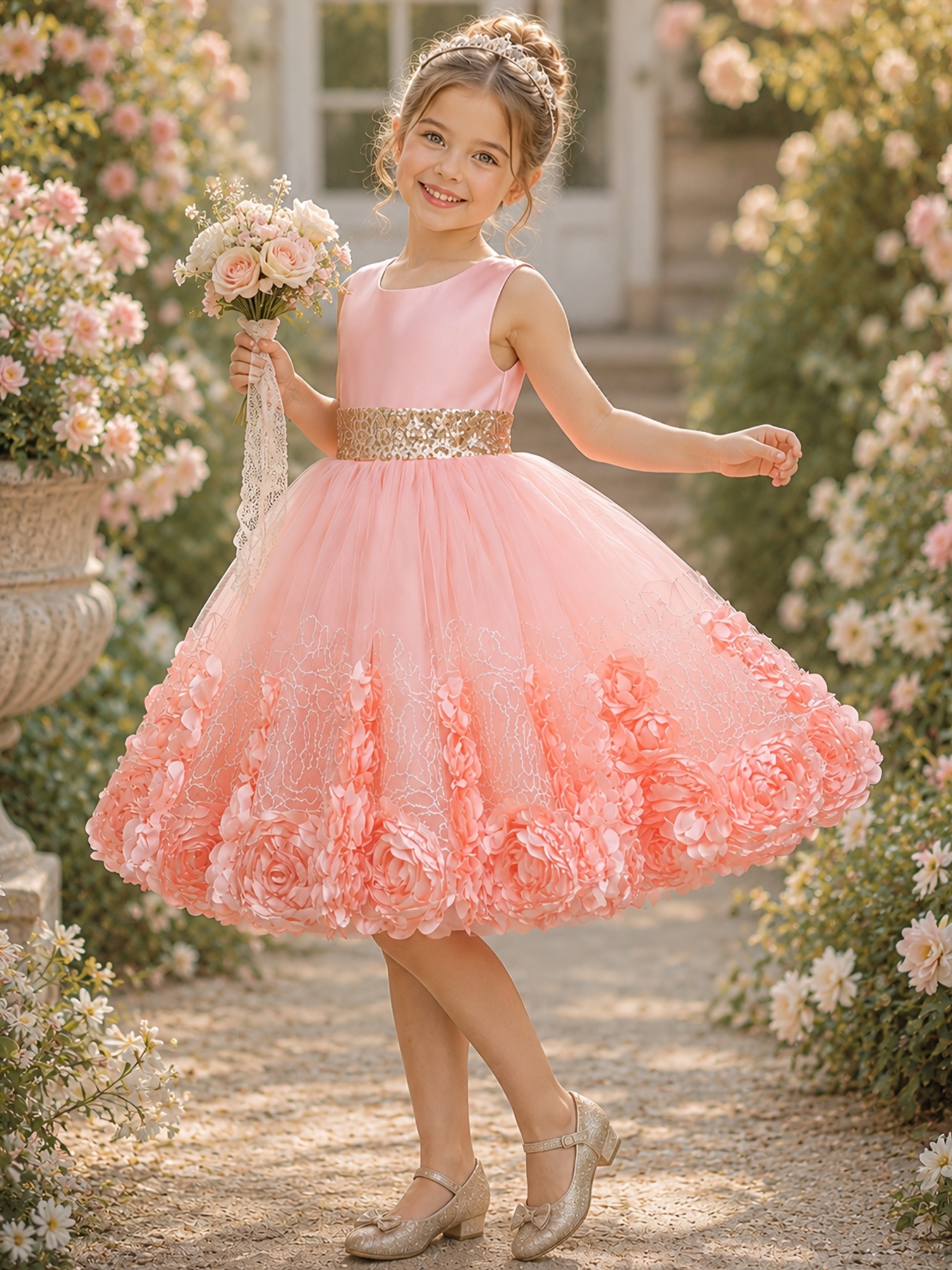 Girls' Dress Waistband Golden Sequined Skirt Bloom Circle Round Neck Vest Evening Attire Performance Flower Girl Dress