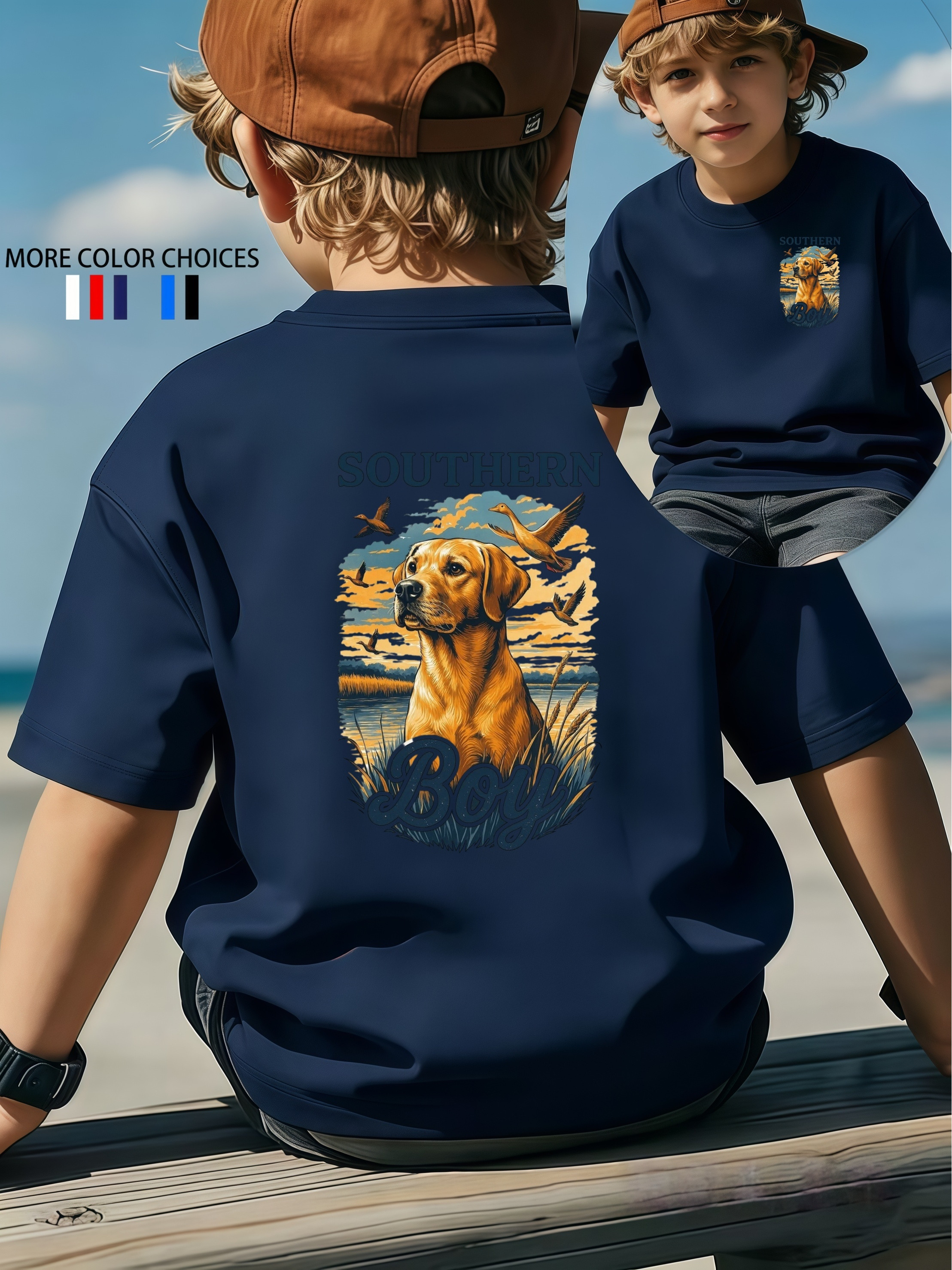 Boys Southern Boy Double-Sided Print T-Shirt | Summer Kids T-Shirt Vintage Country Style Breathable Top | Perfect for Family Camping/Fishing Trips/Gatherings | Ideal Gift Kids Love It