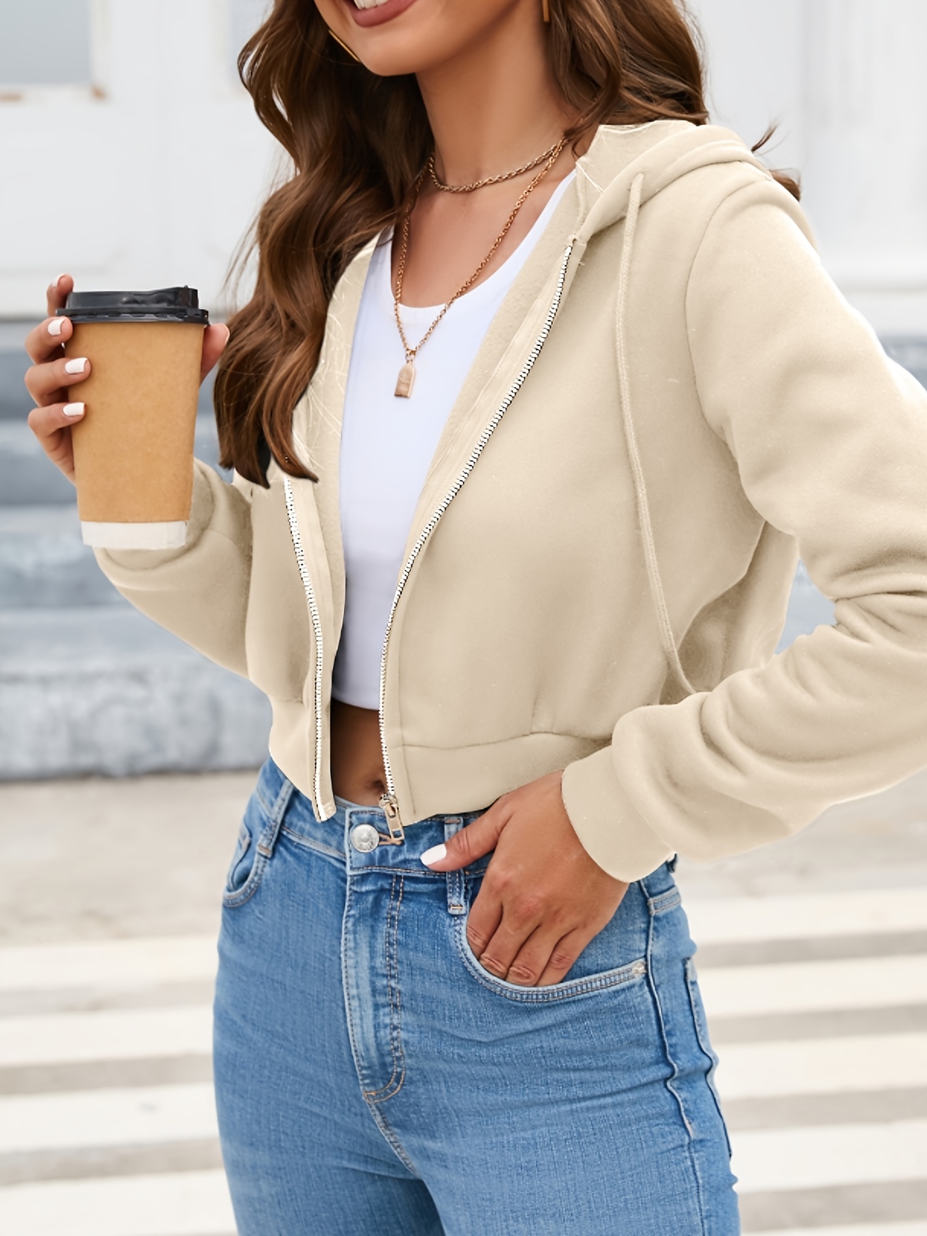 solid zip front drawstring crop hoodie sexy long sleeve hoodie for spring fall womens clothing details 7