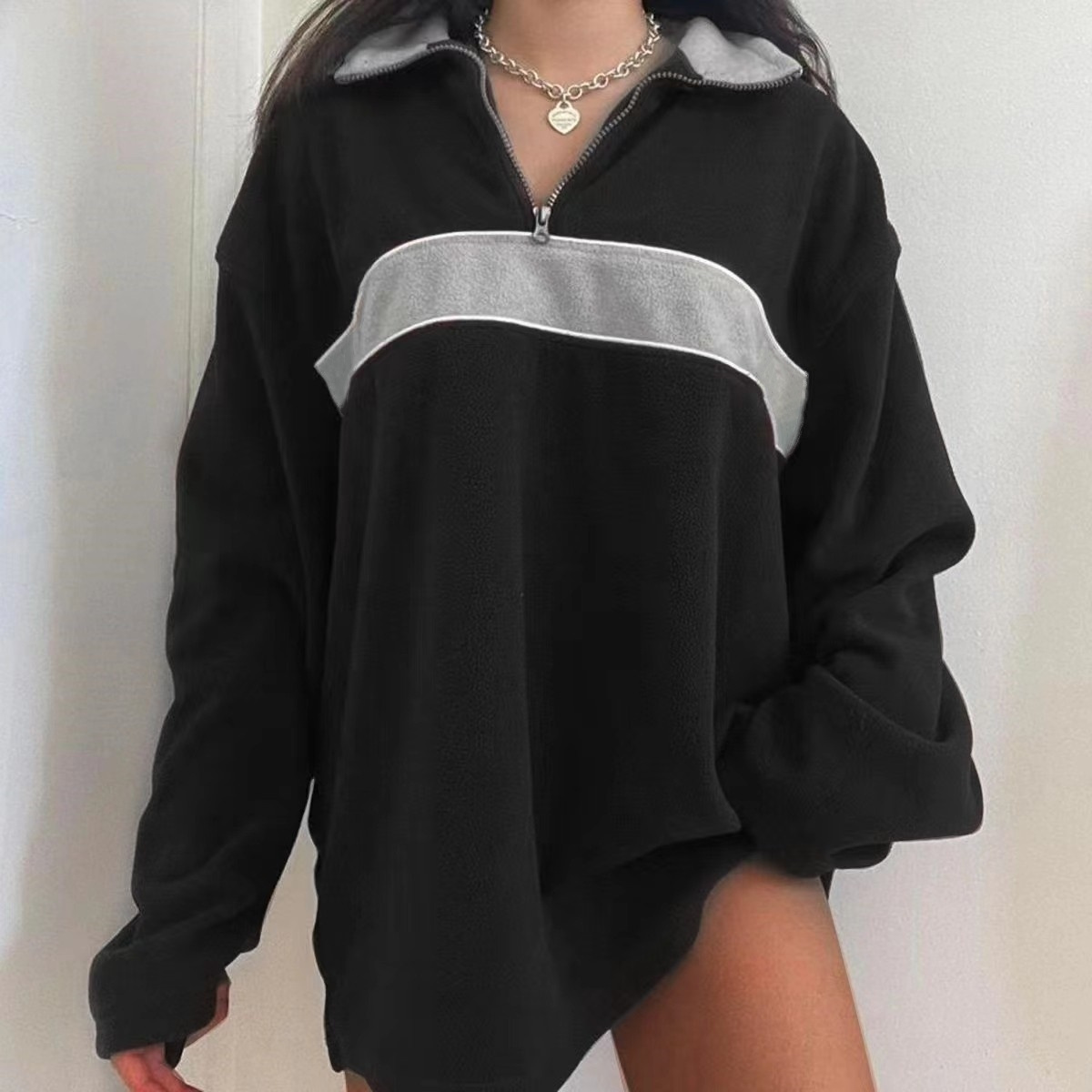 retro lapel thermal pullover casual striped colorblock fashion loose long sleeve sweatshirt womens clothing details 6