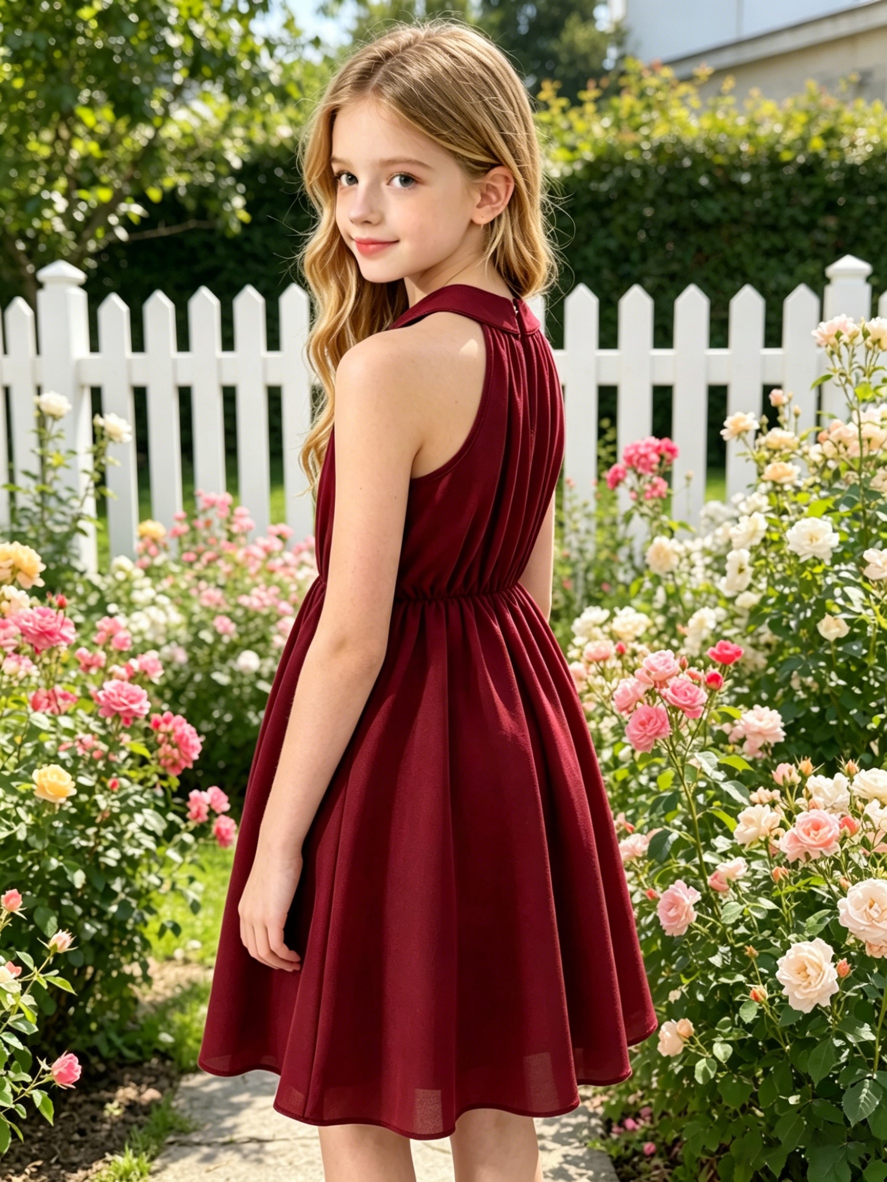 Elegant off-shoulder halter neck mid-length dress for girls with gold-tone decorative buttons at the waist. A stylish and elegant princess dress for spring/summer, suitable for occasions such as parties, performances, formal events, daily casual