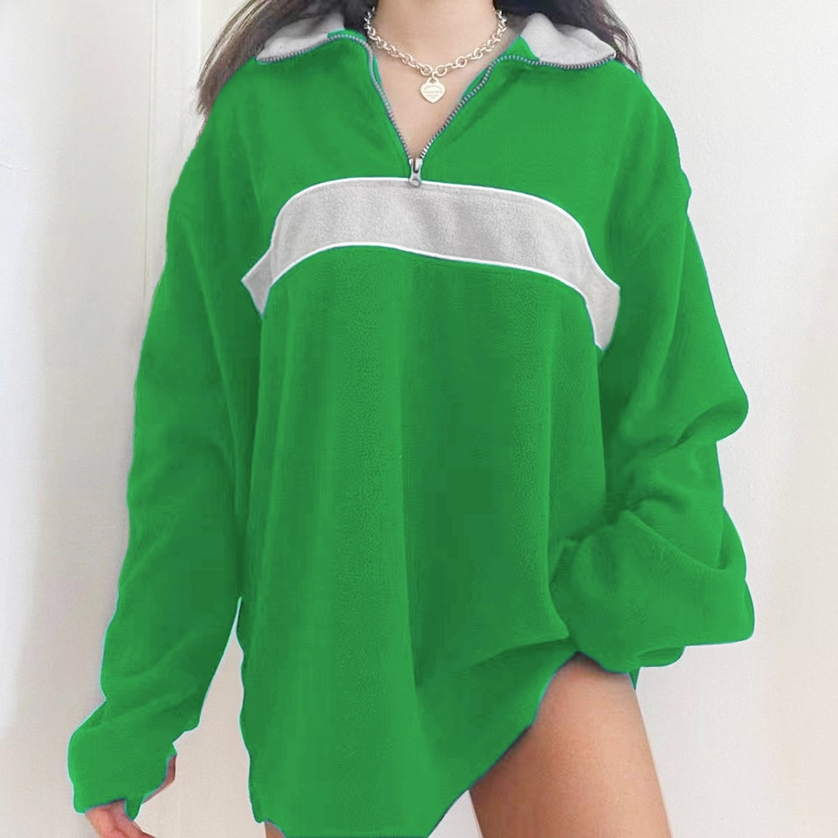 retro lapel thermal pullover casual striped colorblock fashion loose long sleeve sweatshirt womens clothing details 12