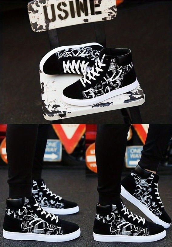 mens graphic high top canvas skate shoes with good grip breathable lace up sneakers details 5