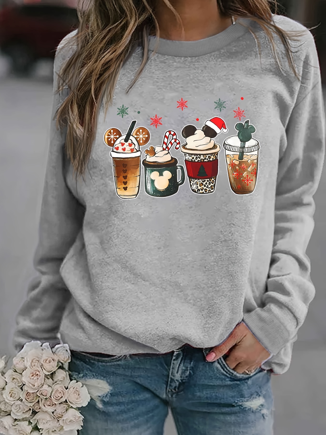 christmas coffee print sweatshirt casual long sleeve crew neck sweatshirt womens clothing details 15