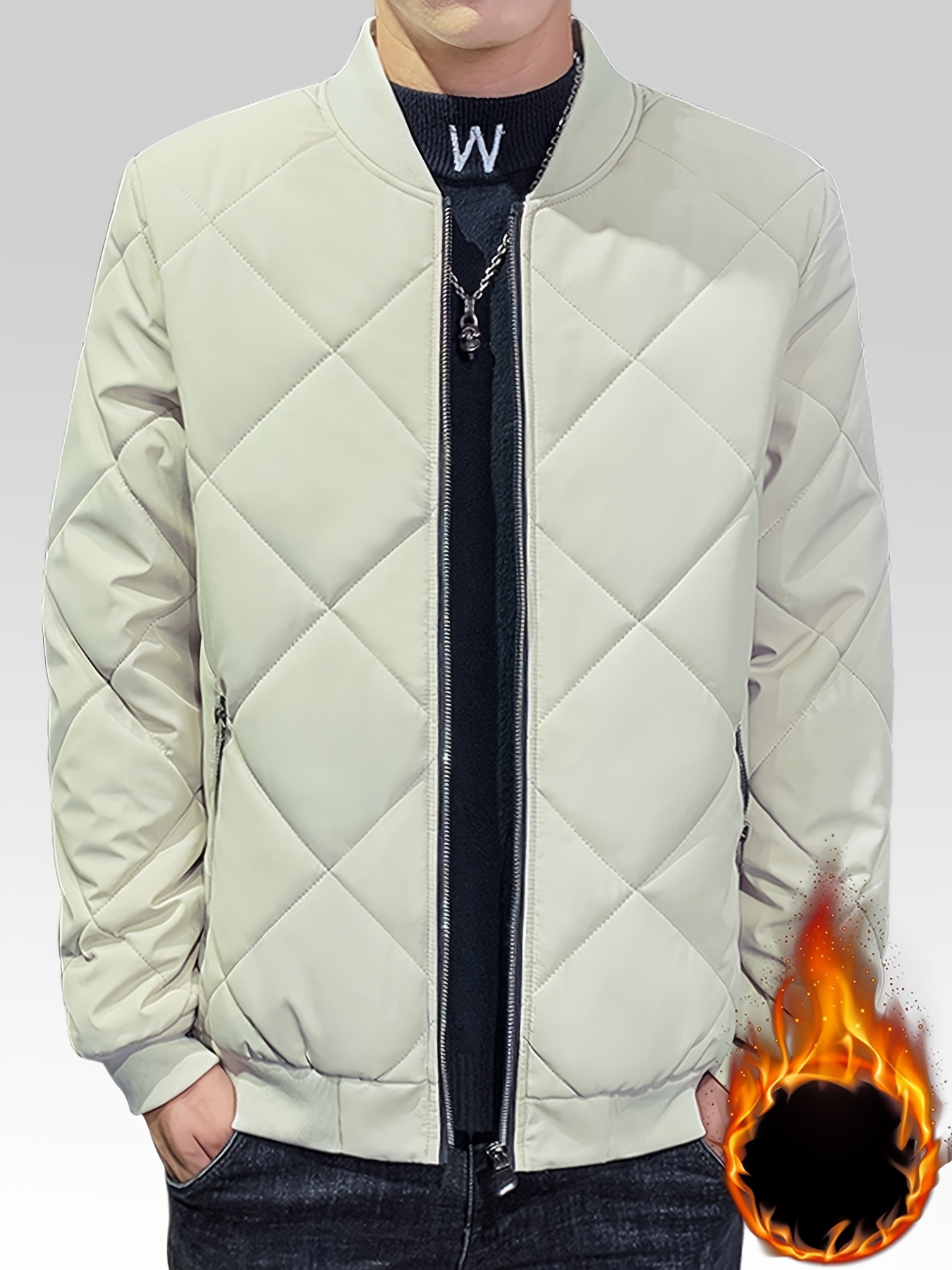 warm fleece thickened jacket, warm fleece thickened jacket mens casual baseball collar zip up jacket coat for fall winter details 2