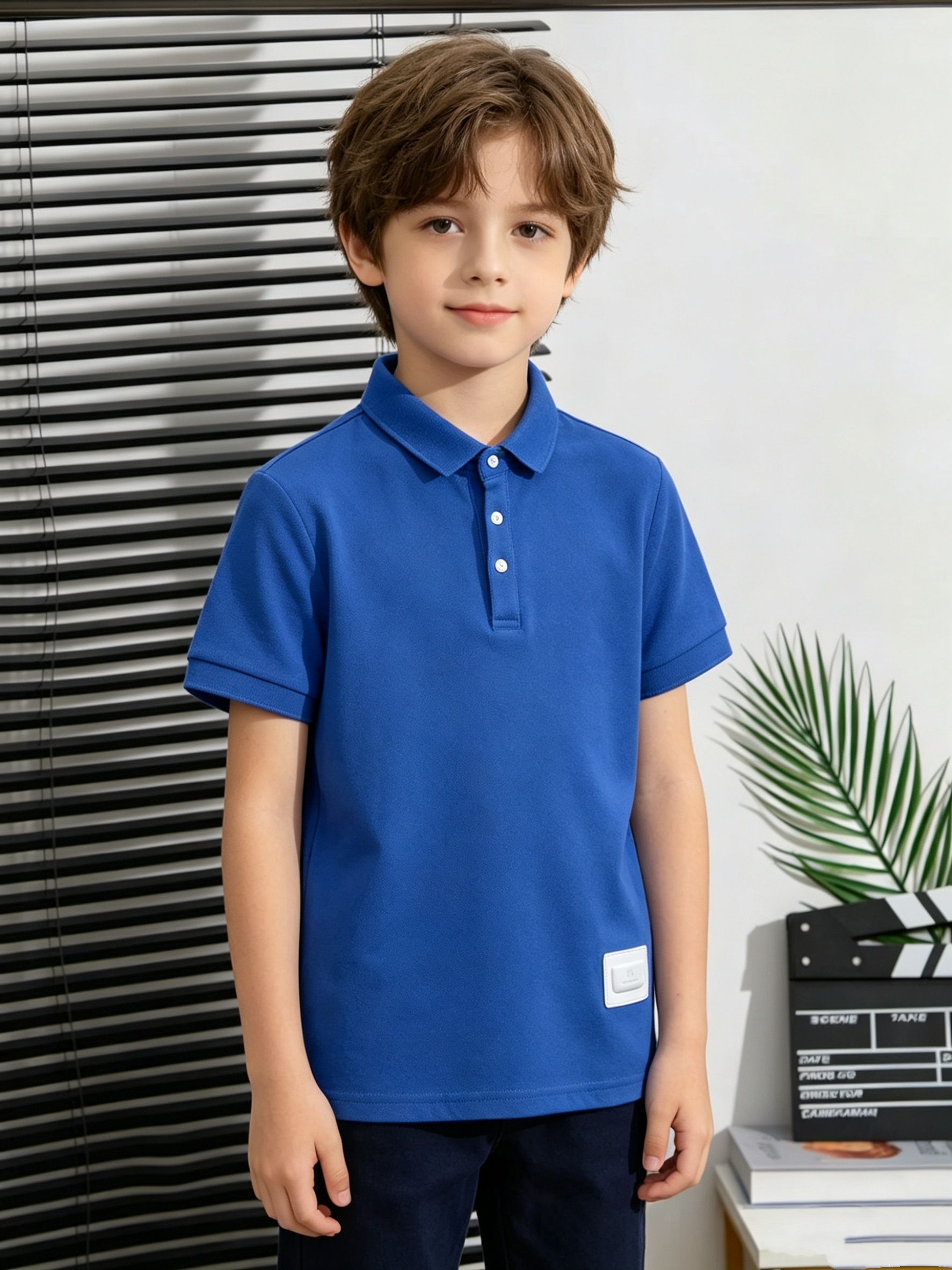 Summer! Solid Color Short-Sleeve Polo Shirt for Kids, Simple Label Design, Wrinkle-Resistant, Not Easily Deformed, Fresh and Breathable T-Shirt Top, Preppy Style, Boys' Daily Wear Lapel Shirt, Summer, Regular Fit