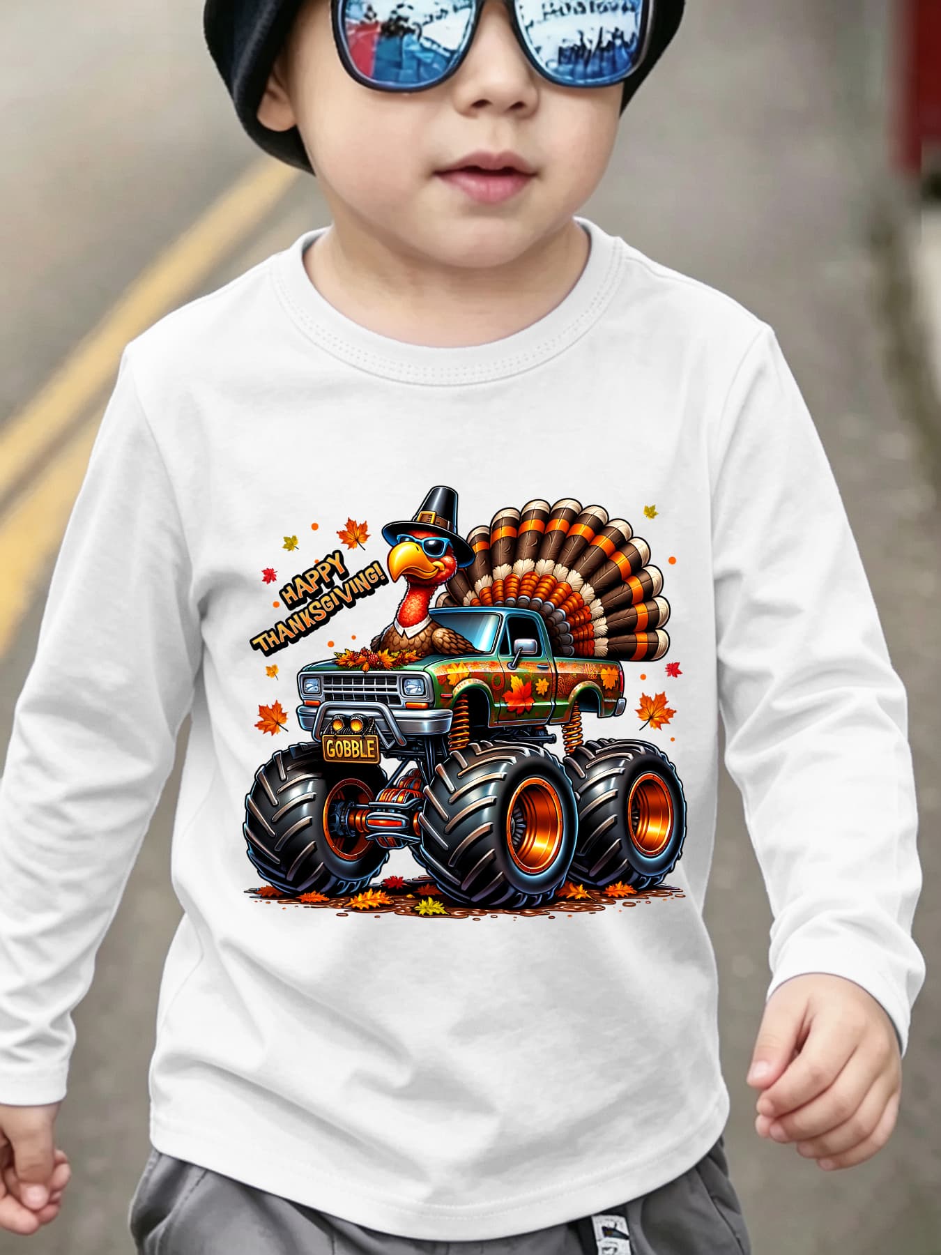Thanksgiving Boys' Fashion Long-Sleeve T-Shirt, "Happy Thanksgiving" Truck-Driving Turkey Cartoon Print, Outdoor Casual Top CX9252