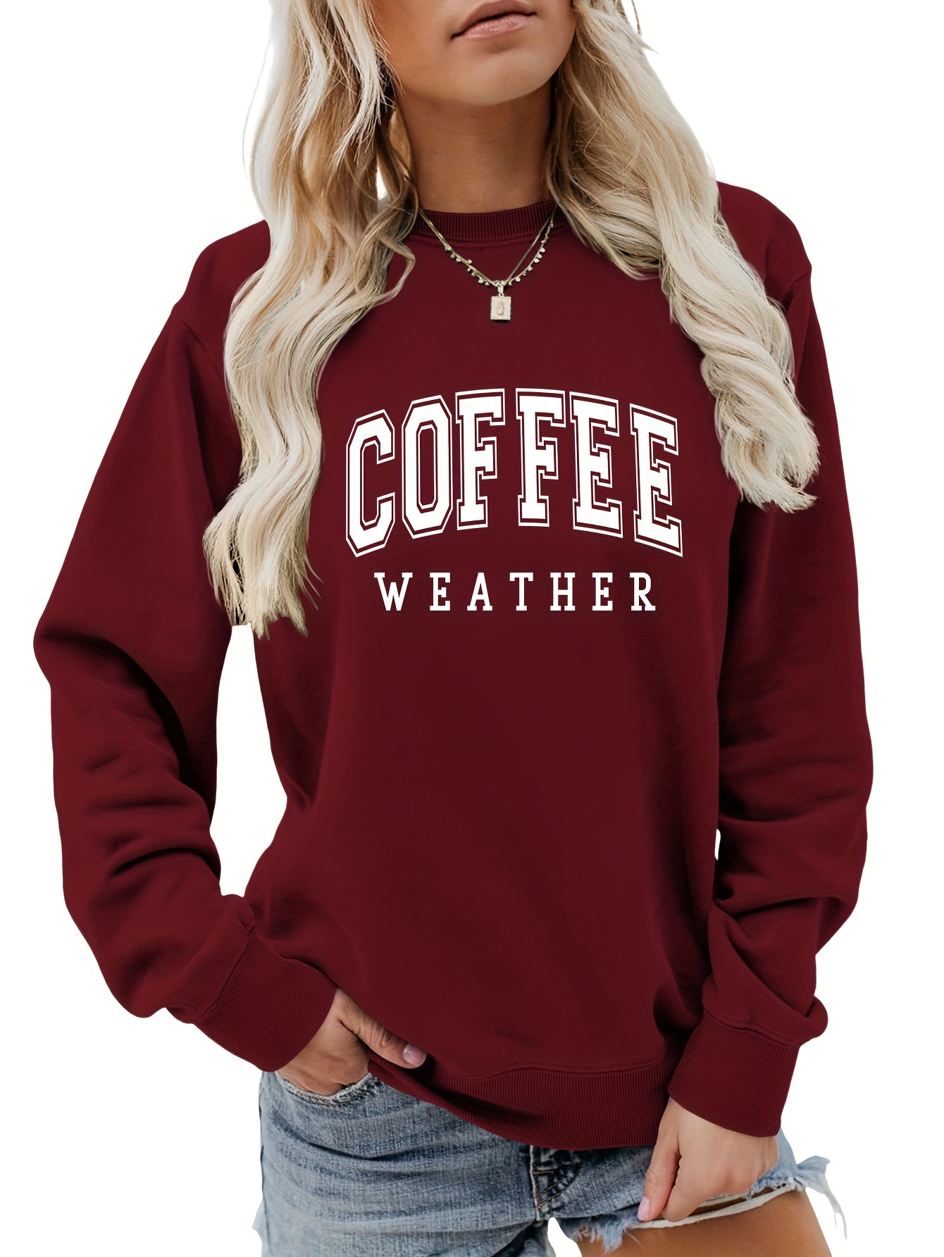 coffee letter print loose sweatshirt casual long sleeve crew neck sweatshirt womens clothing details 5
