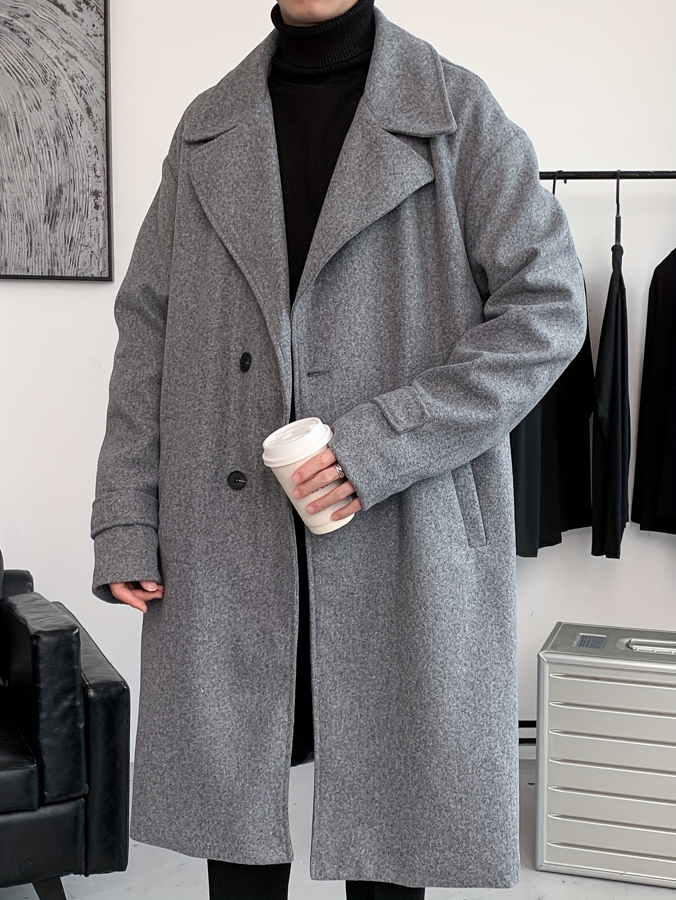 mens elegant single breasted trench coat casual lapel overcoat for fall winter details 15