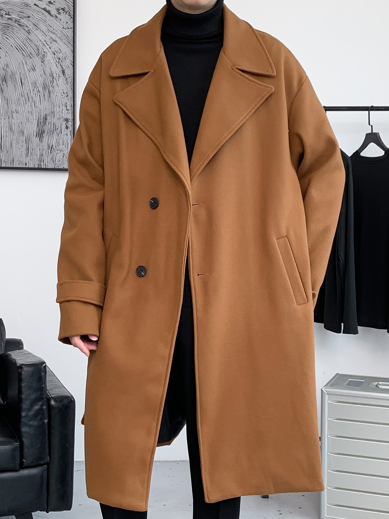 mens elegant single breasted trench coat casual lapel overcoat for fall winter details 3