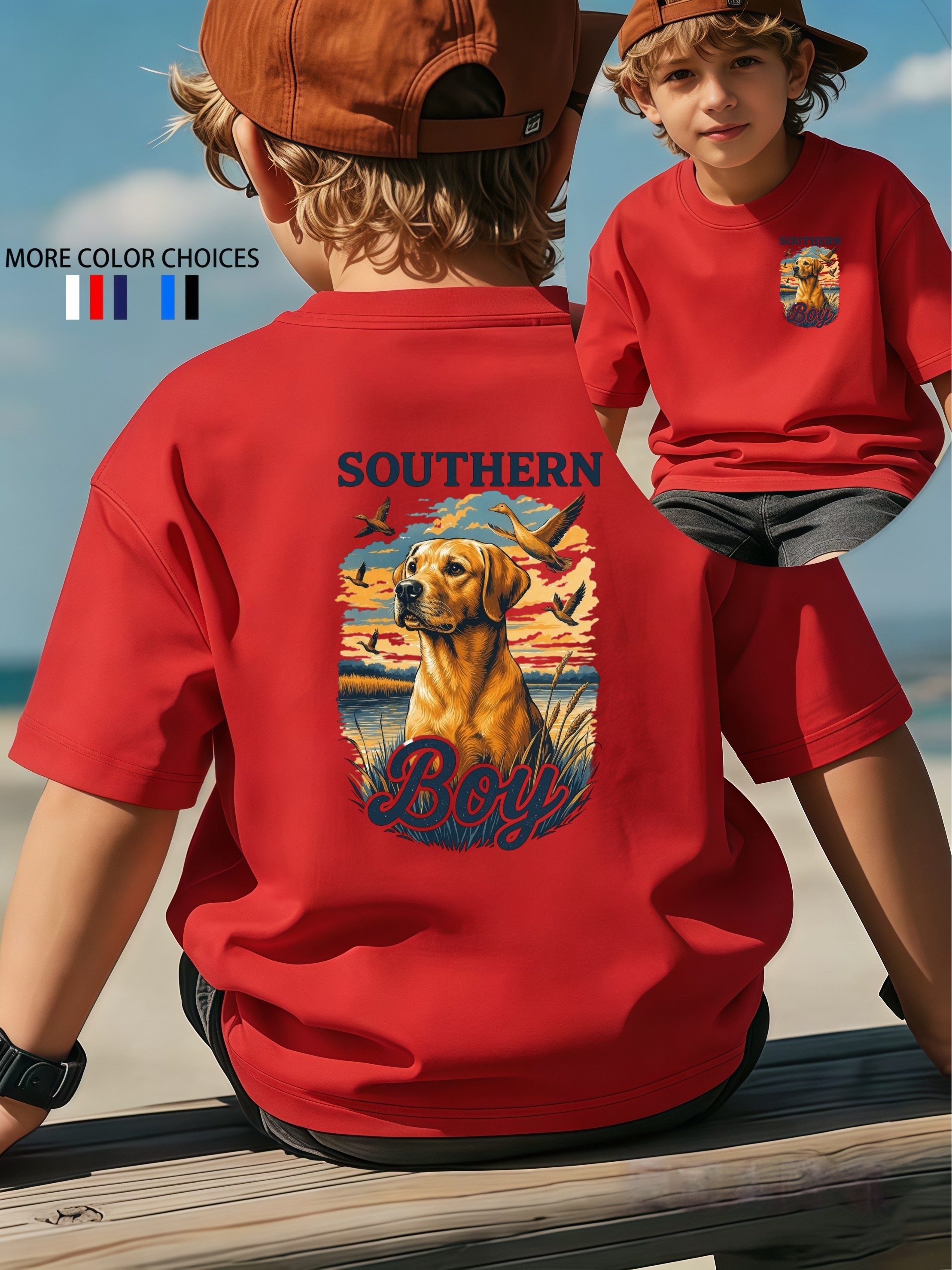 Boys Southern Boy Double-Sided Print T-Shirt | Summer Kids T-Shirt Vintage Country Style Breathable Top | Perfect for Family Camping/Fishing Trips/Gatherings | Ideal Gift Kids Love It