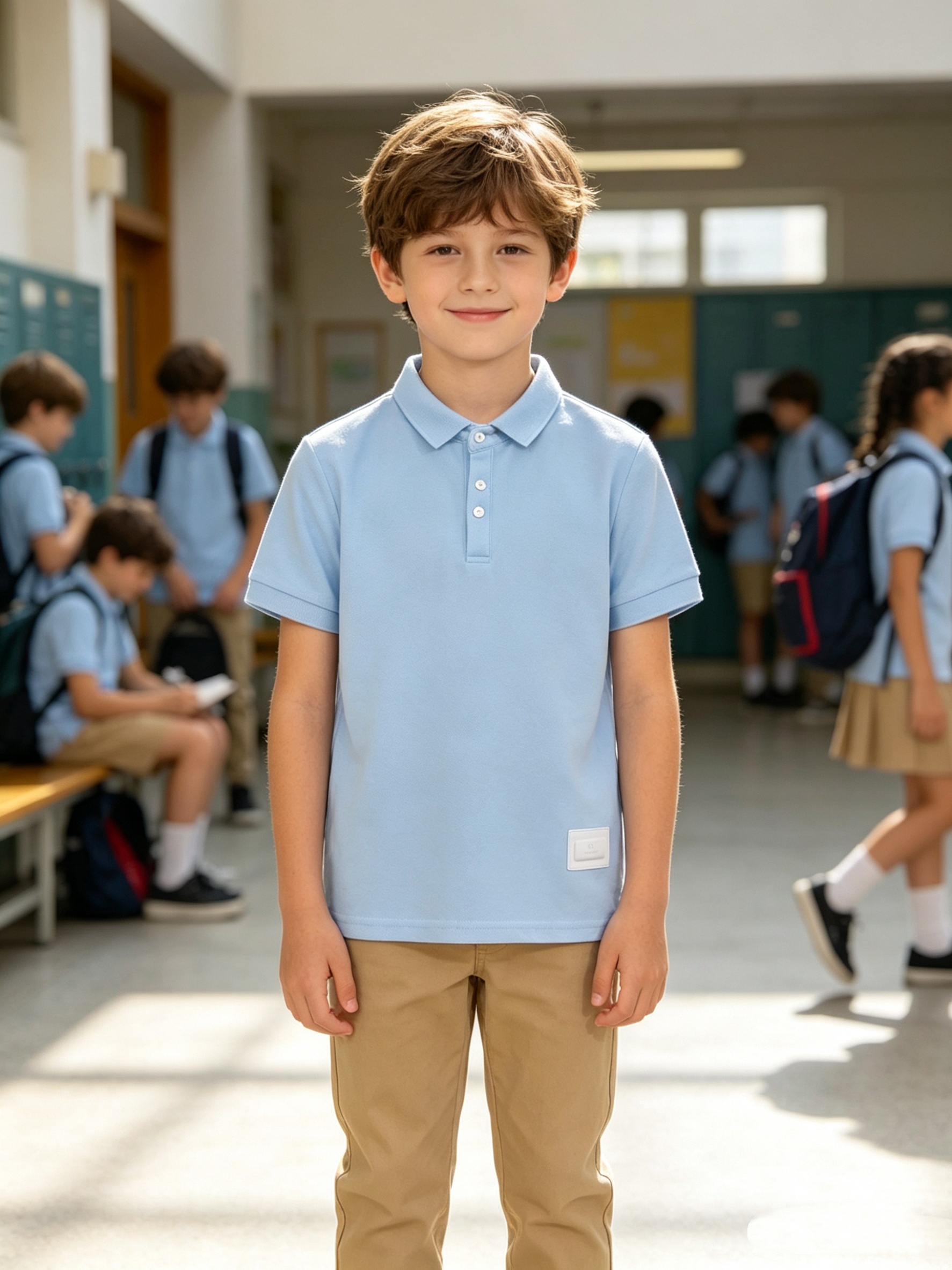 Summer! Solid Color Short-Sleeve Polo Shirt for Kids, Simple Label Design, Wrinkle-Resistant, Not Easily Deformed, Fresh and Breathable T-Shirt Top, Preppy Style, Boys' Daily Wear Lapel Shirt, Summer, Regular Fit