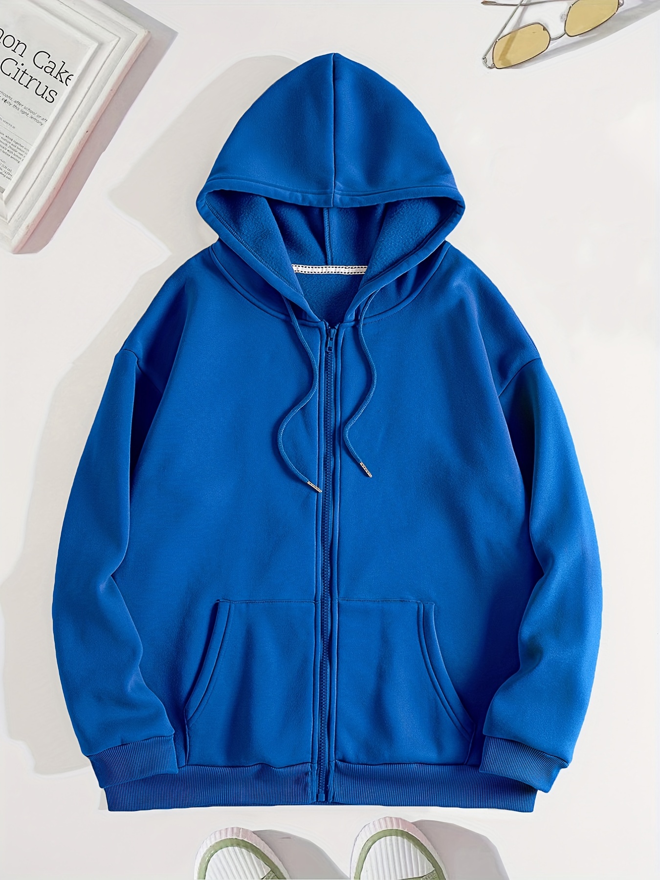 zip up solid hoodies casual long sleeve kangaroo pocket drawstring sweatshirt womens clothing details 0