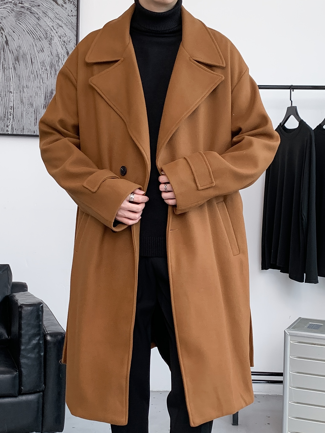 mens elegant single breasted trench coat casual lapel overcoat for fall winter details 0