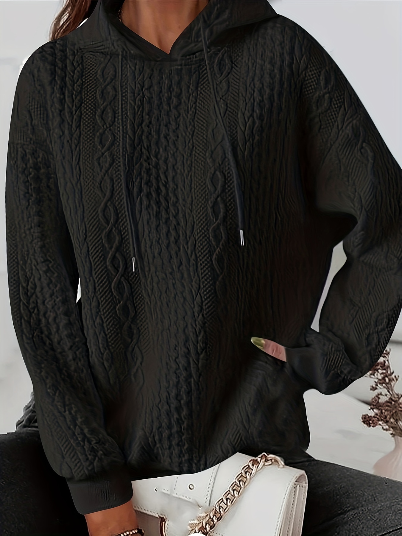 textured drawstring hoodies, textured drawstring hoodies casual long sleeve versatile sweatshirt womens clothing details 0