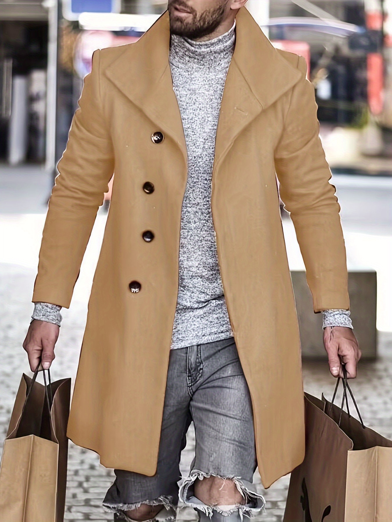 mens trendy retro solid long sleeve coat windbreaker lapel long overcoat for autumn winter details 0