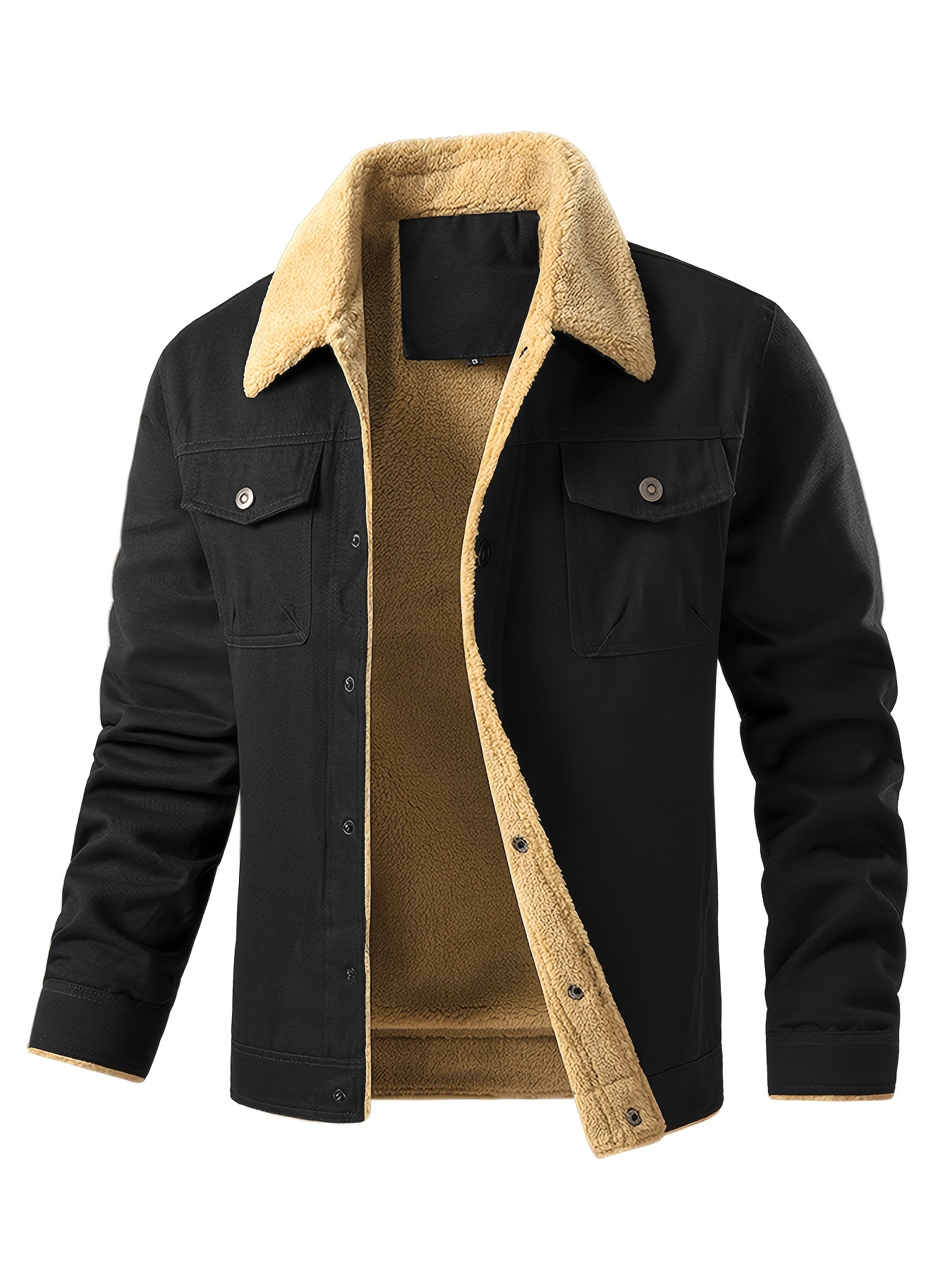 mens casual warm fleece flap pocket jacket chic cotton button up jacket for fall winter details 6