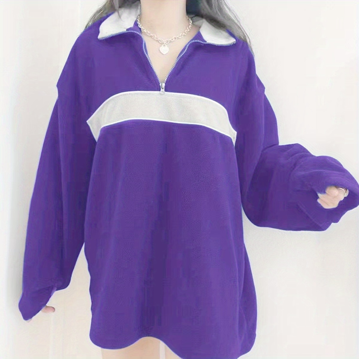 retro lapel thermal pullover casual striped colorblock fashion loose long sleeve sweatshirt womens clothing details 18