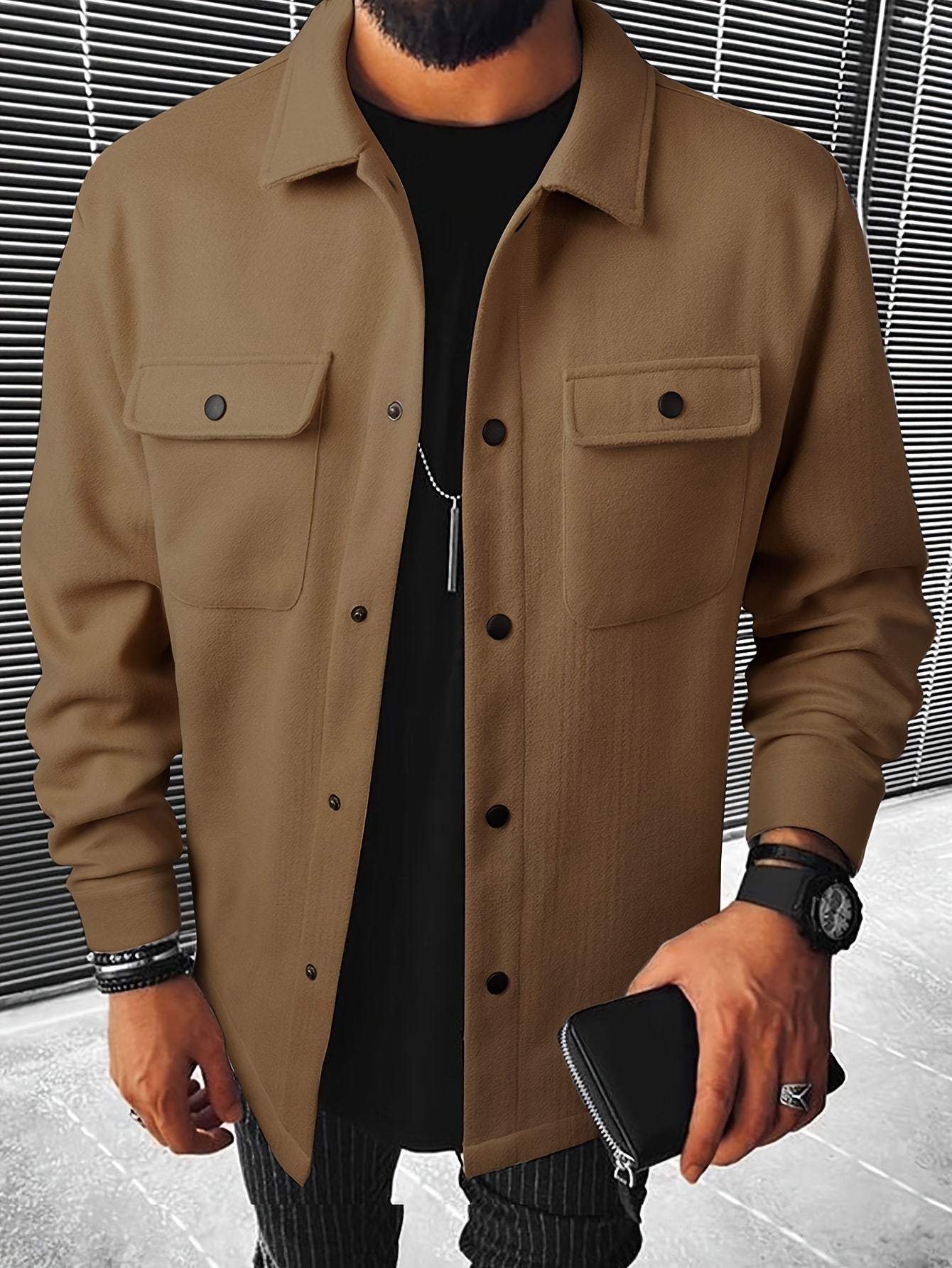 mens casual woolen flap pocket jacket chic button up mature coat for fall winter details 10