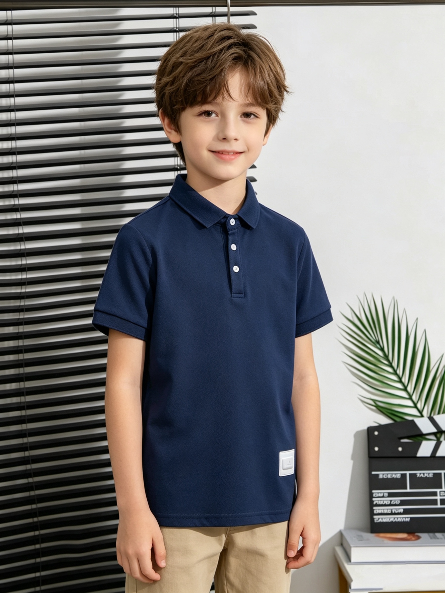 Summer! Solid Color Short-Sleeve Polo Shirt for Kids, Simple Label Design, Wrinkle-Resistant, Not Easily Deformed, Fresh and Breathable T-Shirt Top, Preppy Style, Boys' Daily Wear Lapel Shirt, Summer, Regular Fit