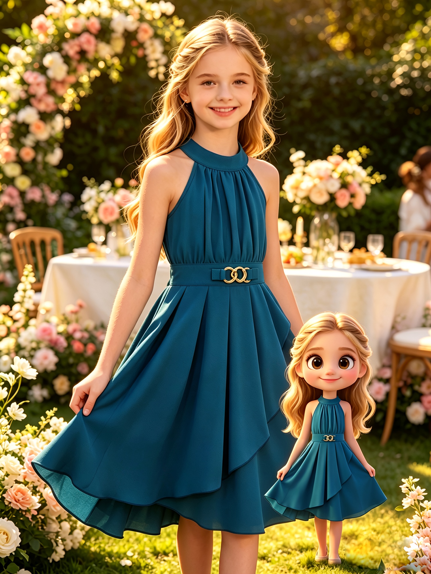 Elegant off-shoulder halter neck mid-length dress for girls with gold-tone decorative buttons at the waist. A stylish and elegant princess dress for spring/summer, suitable for occasions such as parties, performances, formal events, daily casual