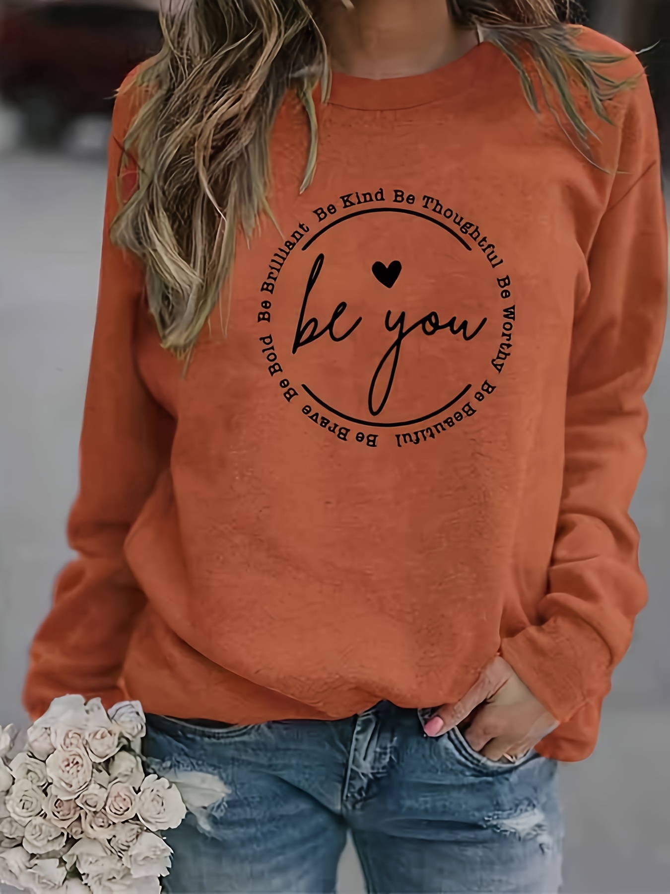 be you print sweatshirt casual long sleeve crew neck sweatshirt womens clothing details 5