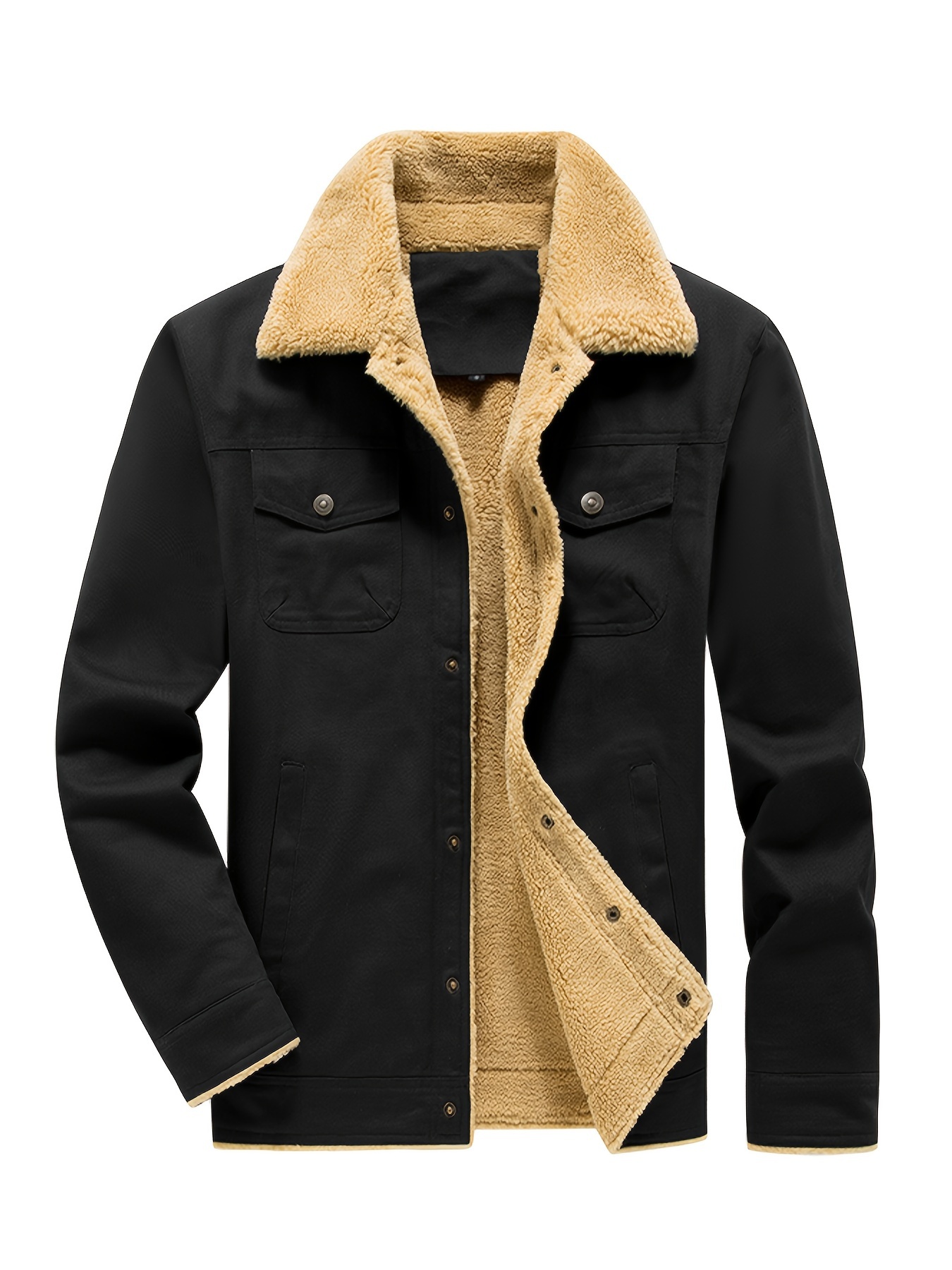 mens casual warm fleece flap pocket jacket chic cotton button up jacket for fall winter details 10