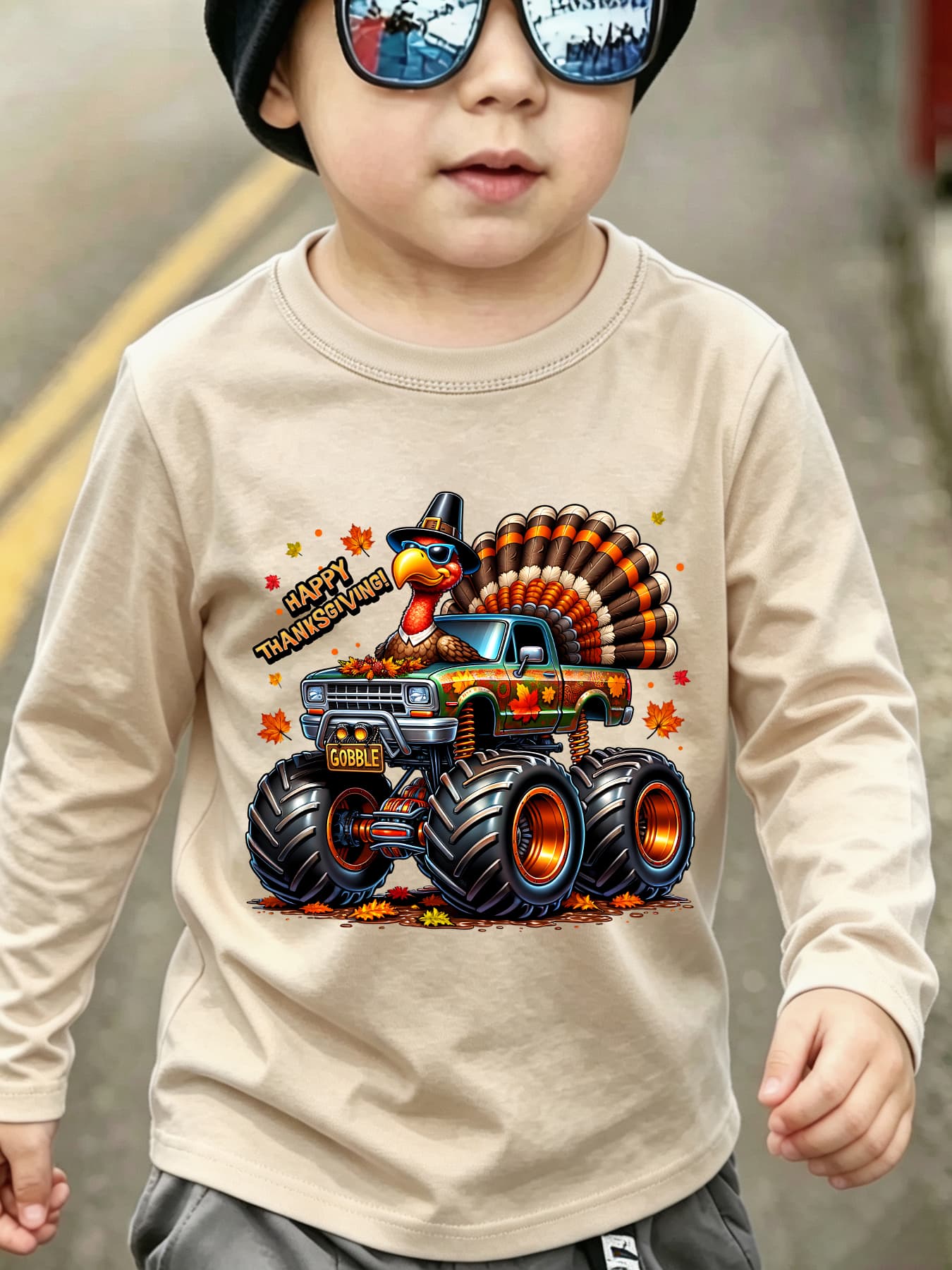 Thanksgiving Boys' Fashion Long-Sleeve T-Shirt, "Happy Thanksgiving" Truck-Driving Turkey Cartoon Print, Outdoor Casual Top CX9252
