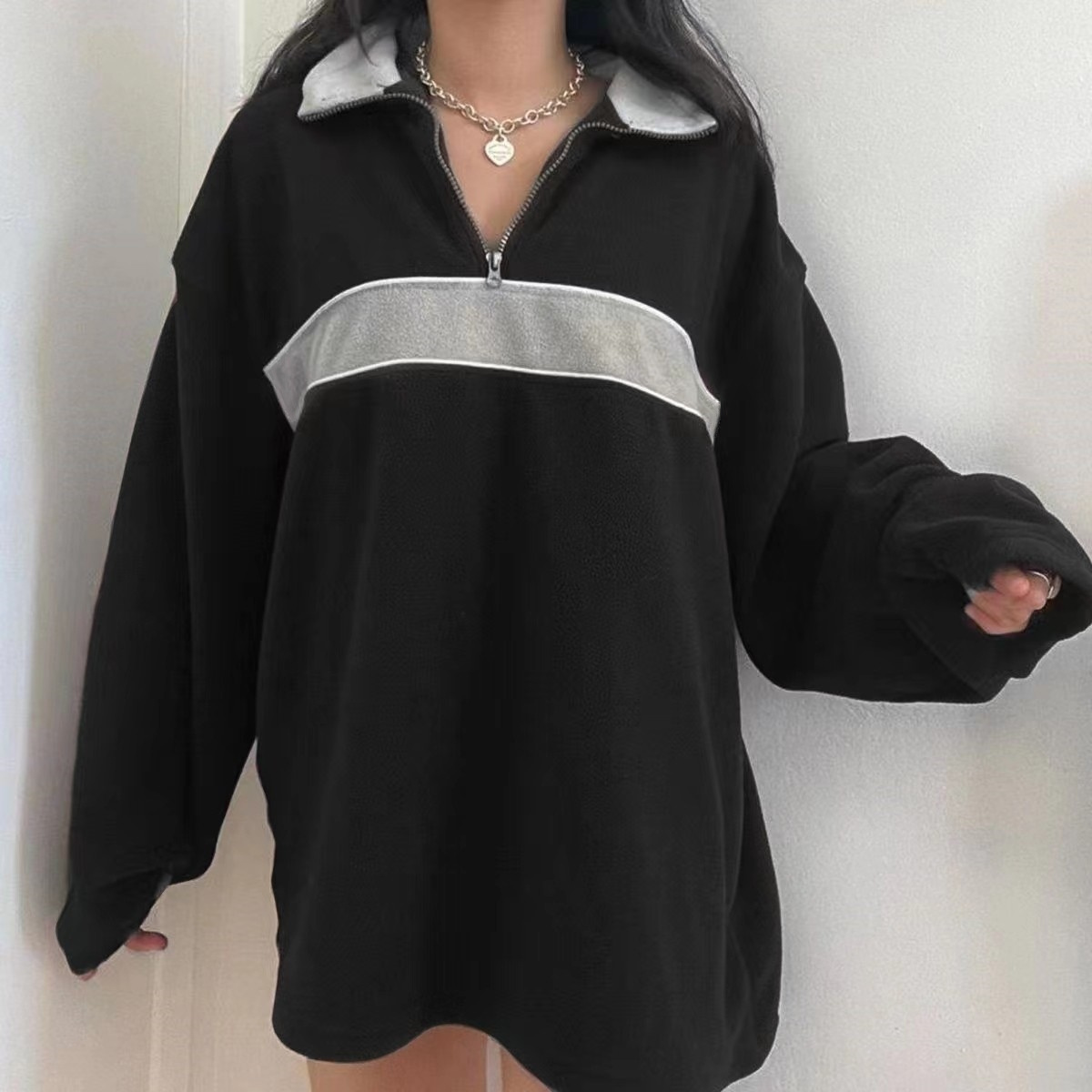 retro lapel thermal pullover casual striped colorblock fashion loose long sleeve sweatshirt womens clothing details 5